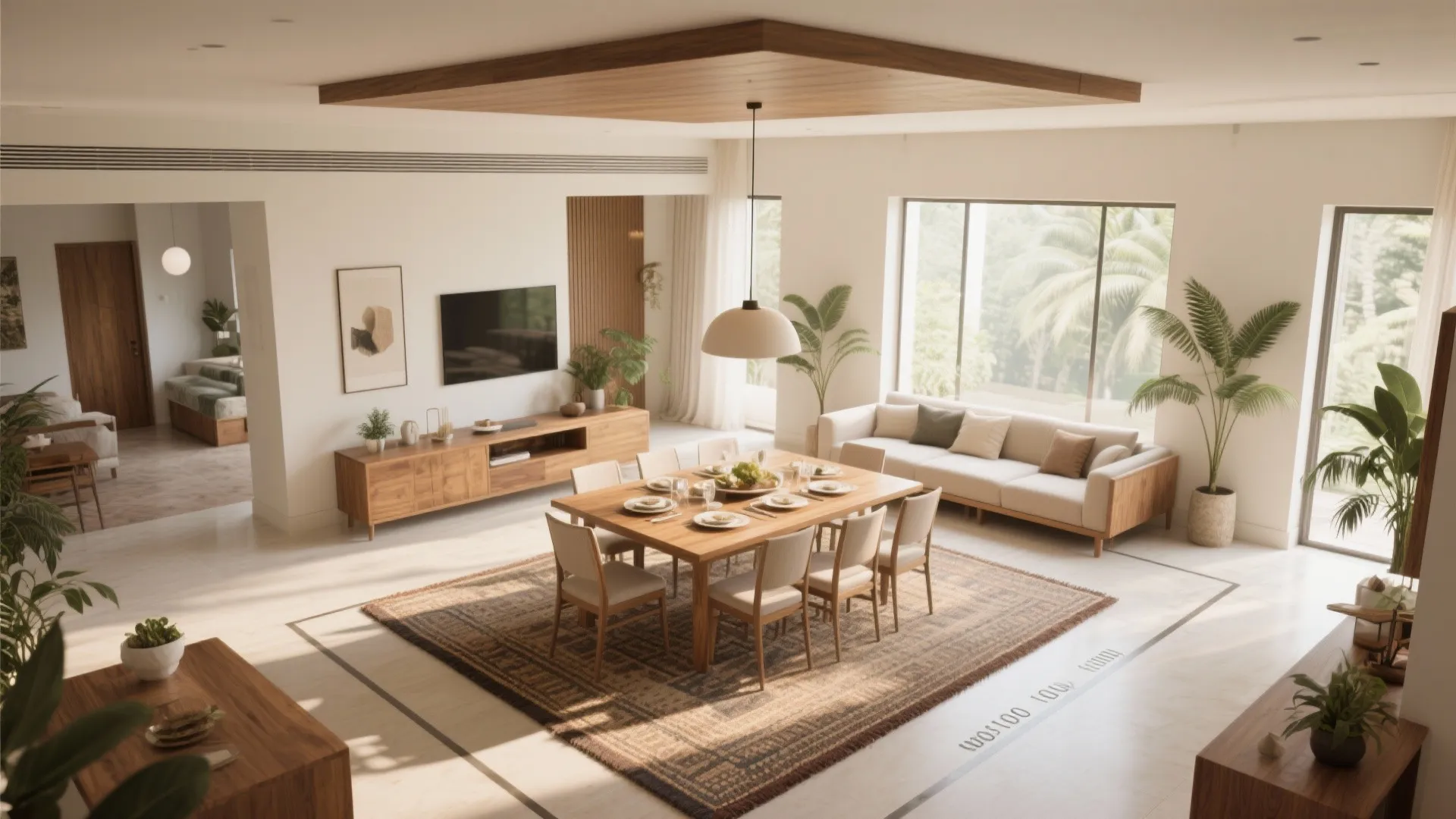 4) Soft Zoning: Ceiling, Rug, and Lighting