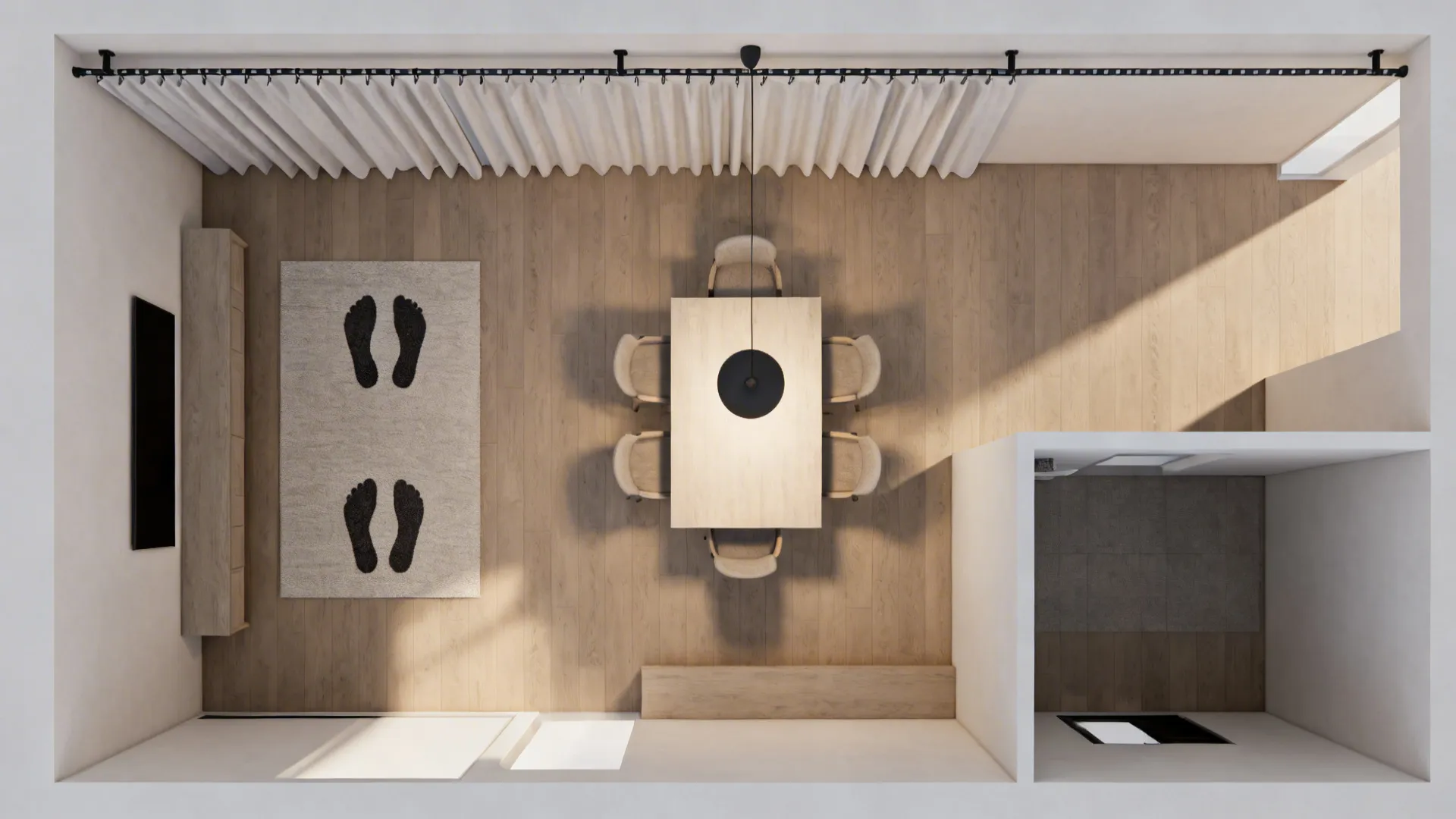 Top-down layout showing curtain track, rug zones, and pendant positioning for flexible separation.