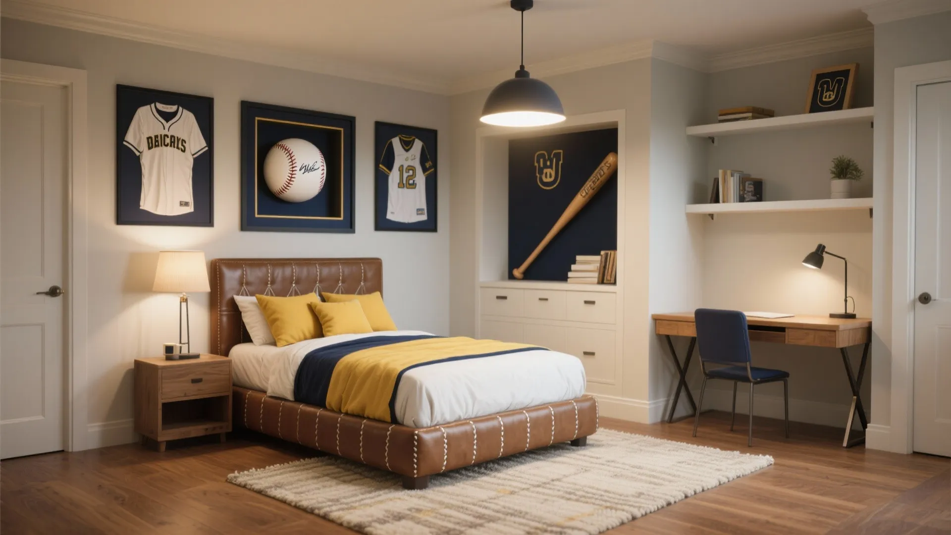 Baseball themed bedroom with leather bed yellow pillows sports wall art desk and a ceiling light
