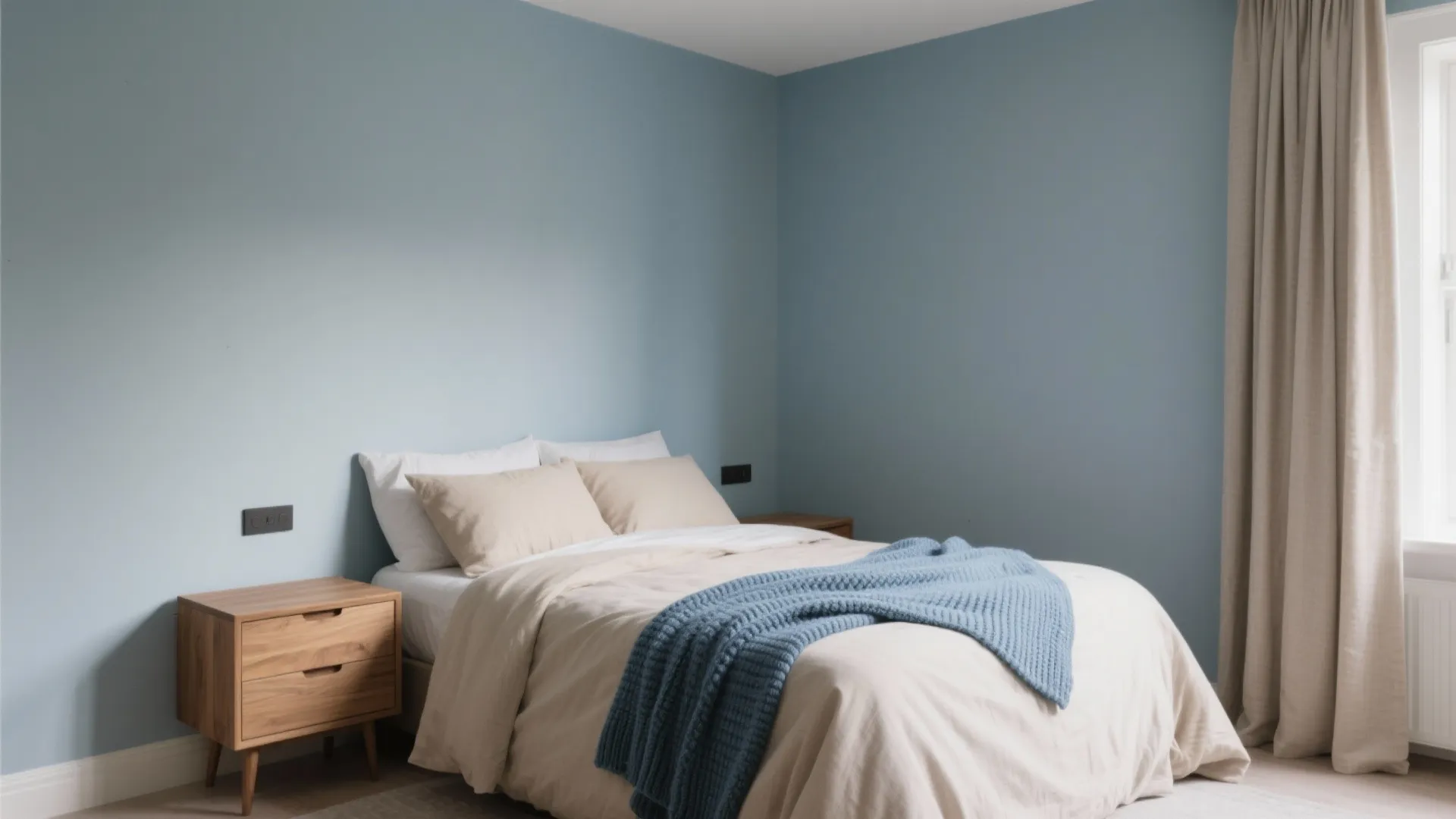 Modern bedroom with light blue walls, beige bedding, blue throw blanket, wooden cabinet, and curtains