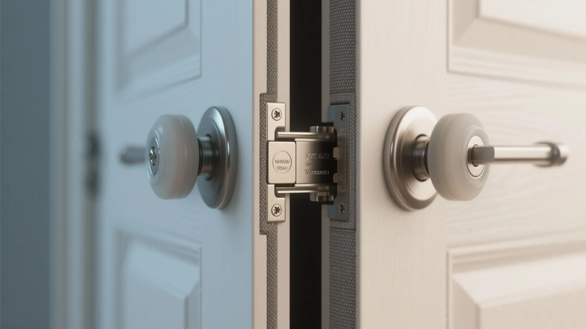 Close up of metal door hinge and door handles on white interior doors for home