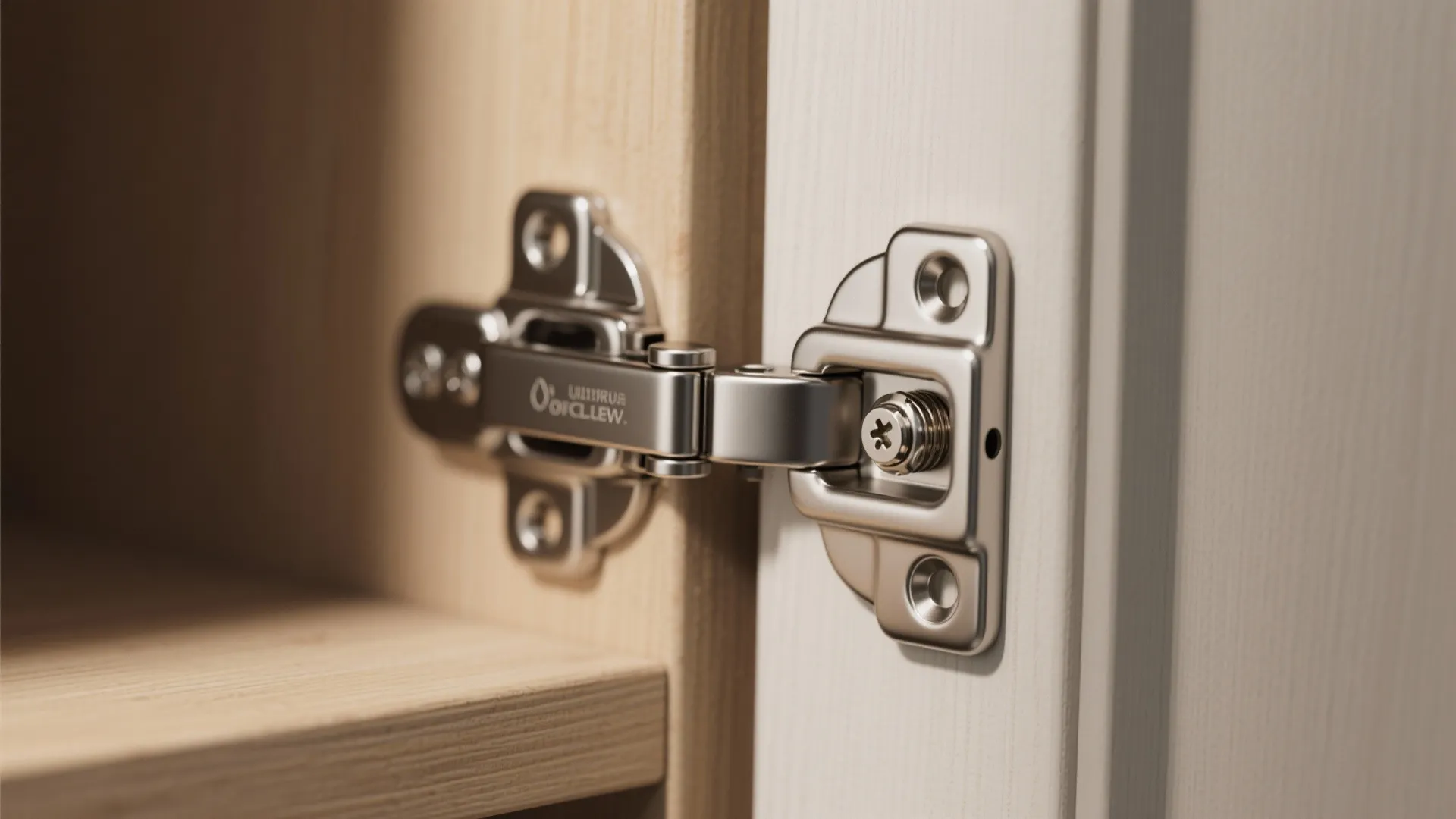 Close up of a metal cabinet door hinge installed on a light wood kitchen storage unit