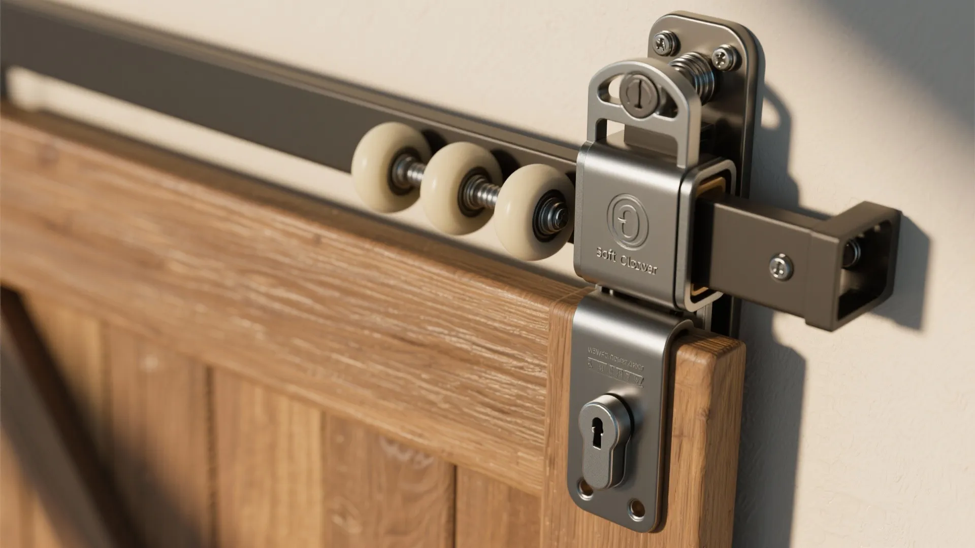 Top-down view of a soft-close roller carriage with integrated latch components for a barn door