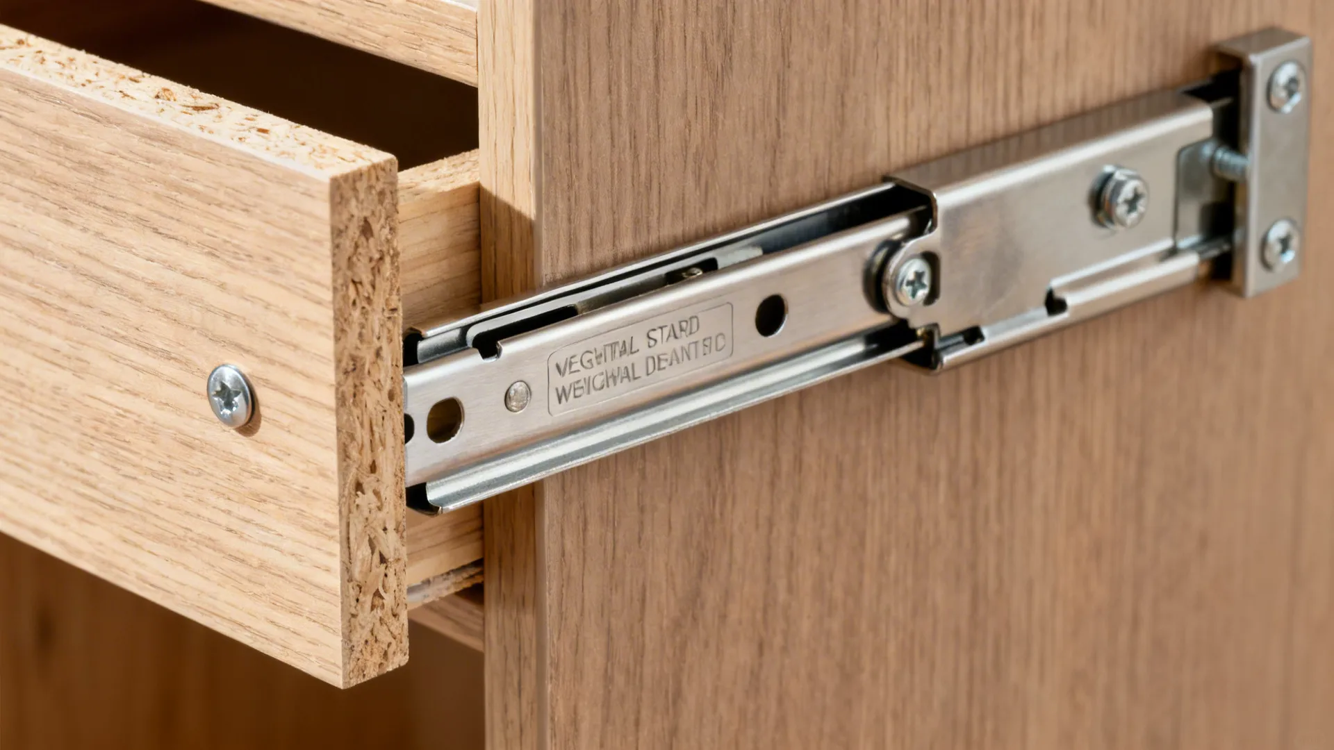 Close up view of a metal drawer slide attached to the side of a wooden cabinet