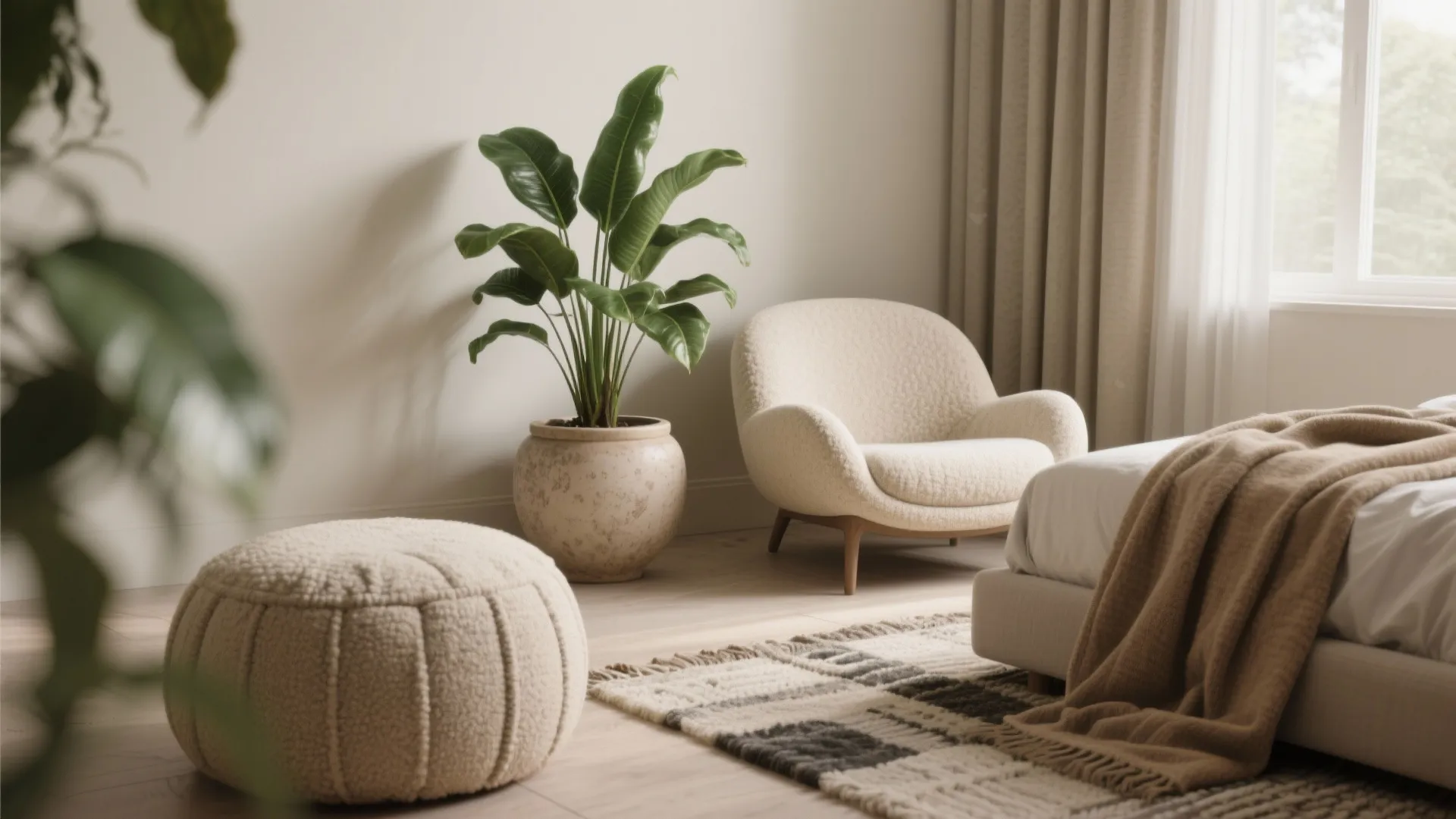 Cozy bedroom corner with a white armchair green plant large footrest and patterned floor rug