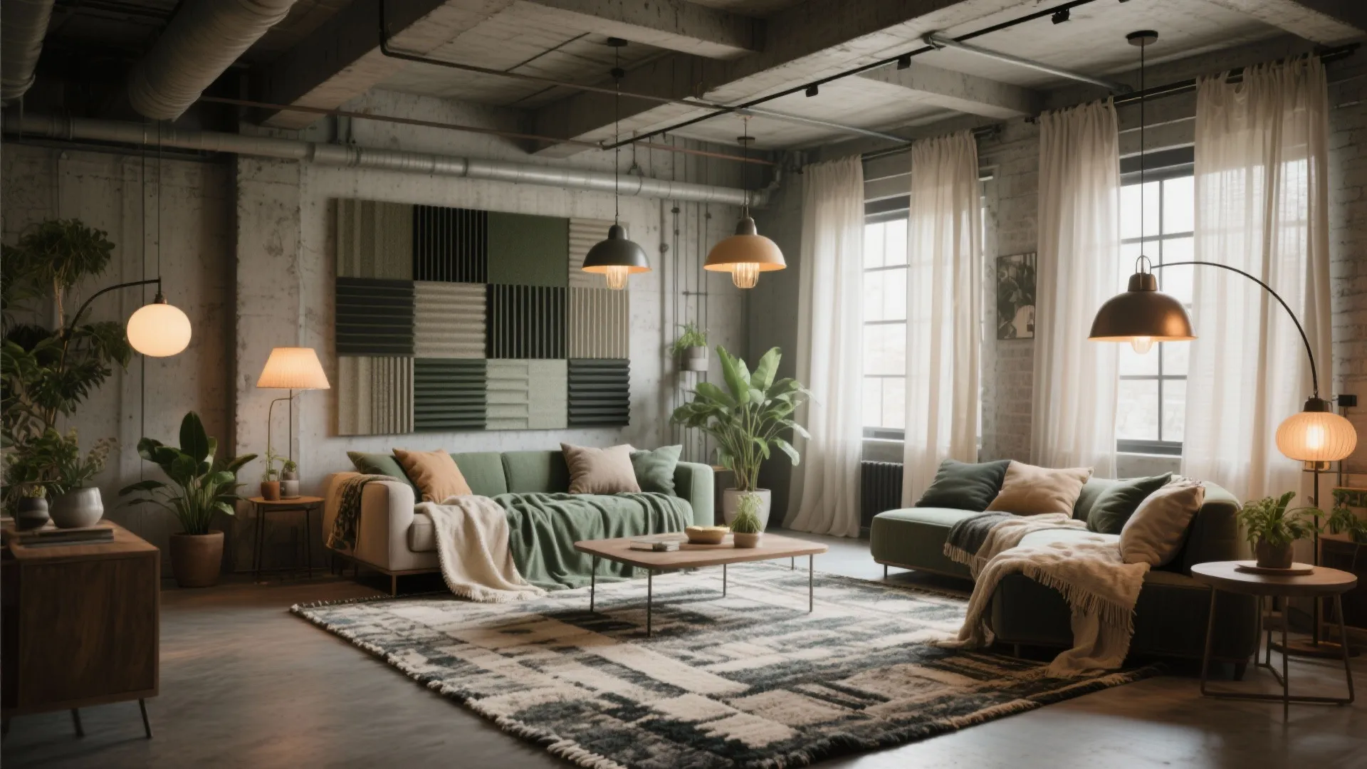 3. Soften industrial bones with textiles and layered lighting