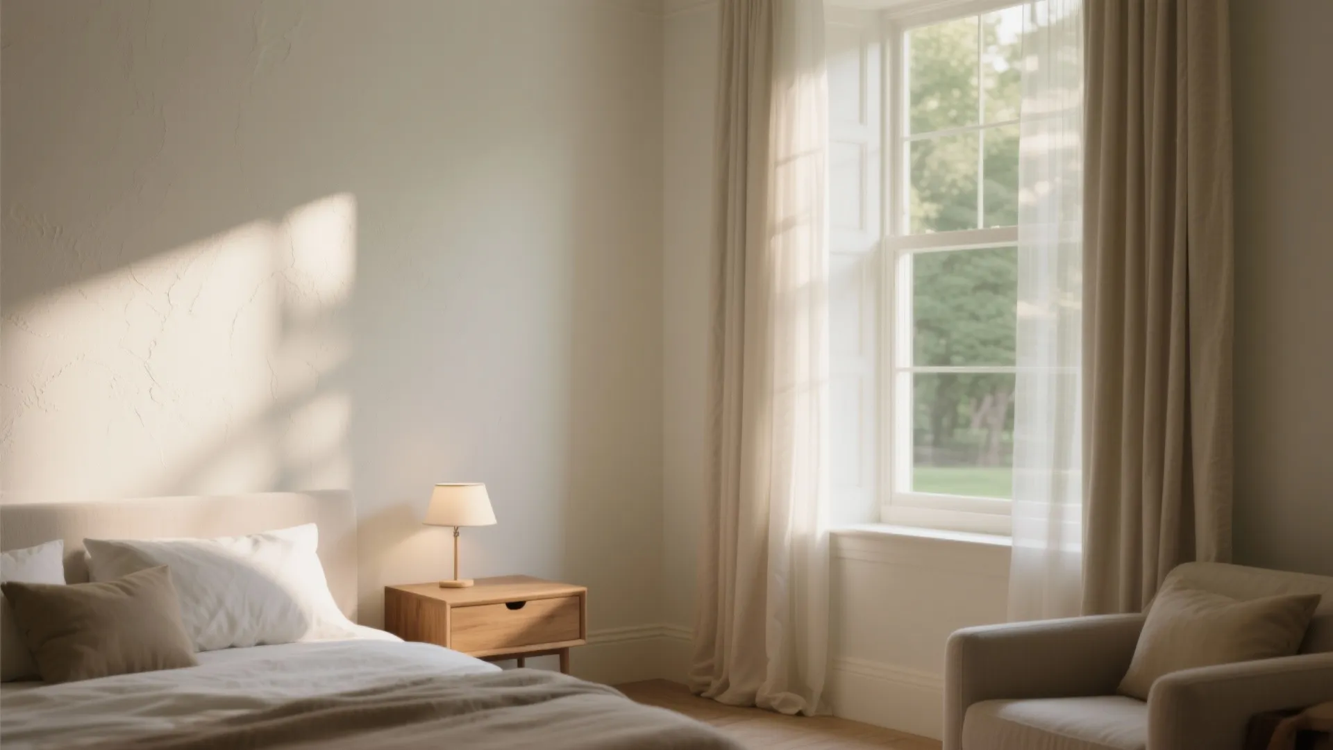Bright bedroom with white bed, wooden nightstand, small table lamp, large window with beige curtains