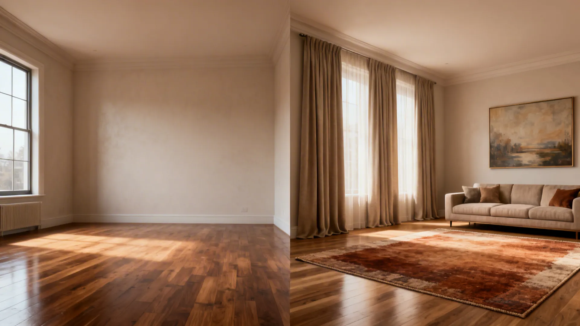 Before-and-after showing how oversized rug, tall curtains, and large artwork make a high-ceiling room feel cozier.