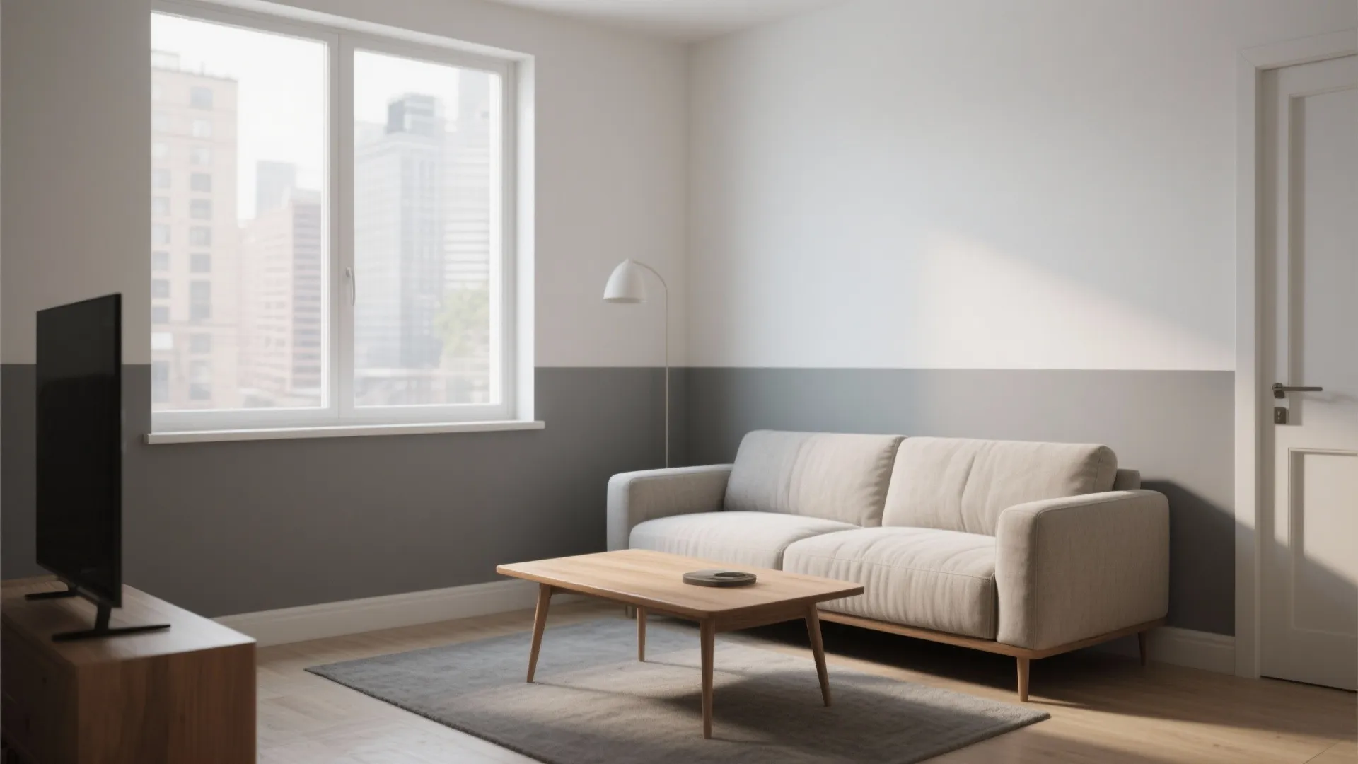 Minimalist living room with grey and white wall, beige sofa, wooden table, and grey rug