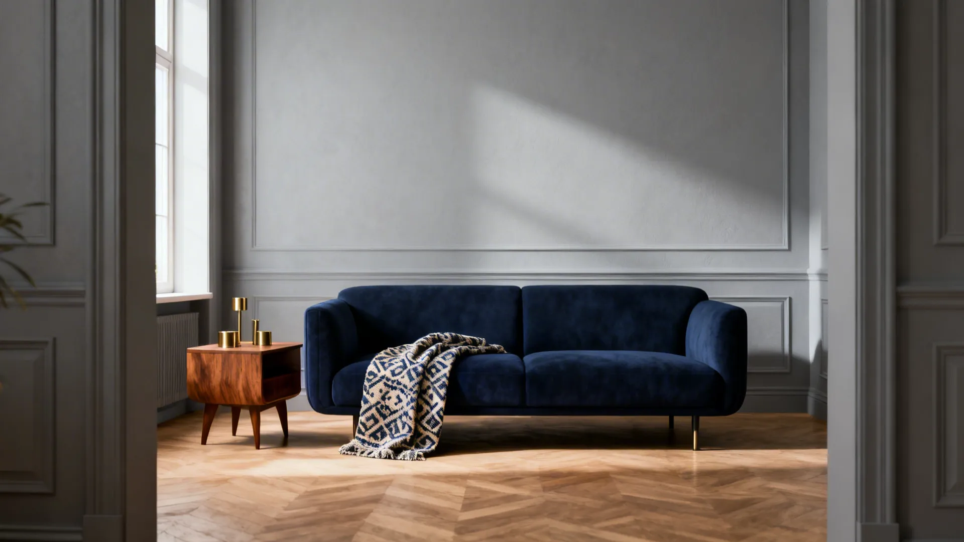 Compact room with warm soft grey walls and a deep navy accent sofa with wood and brass details.