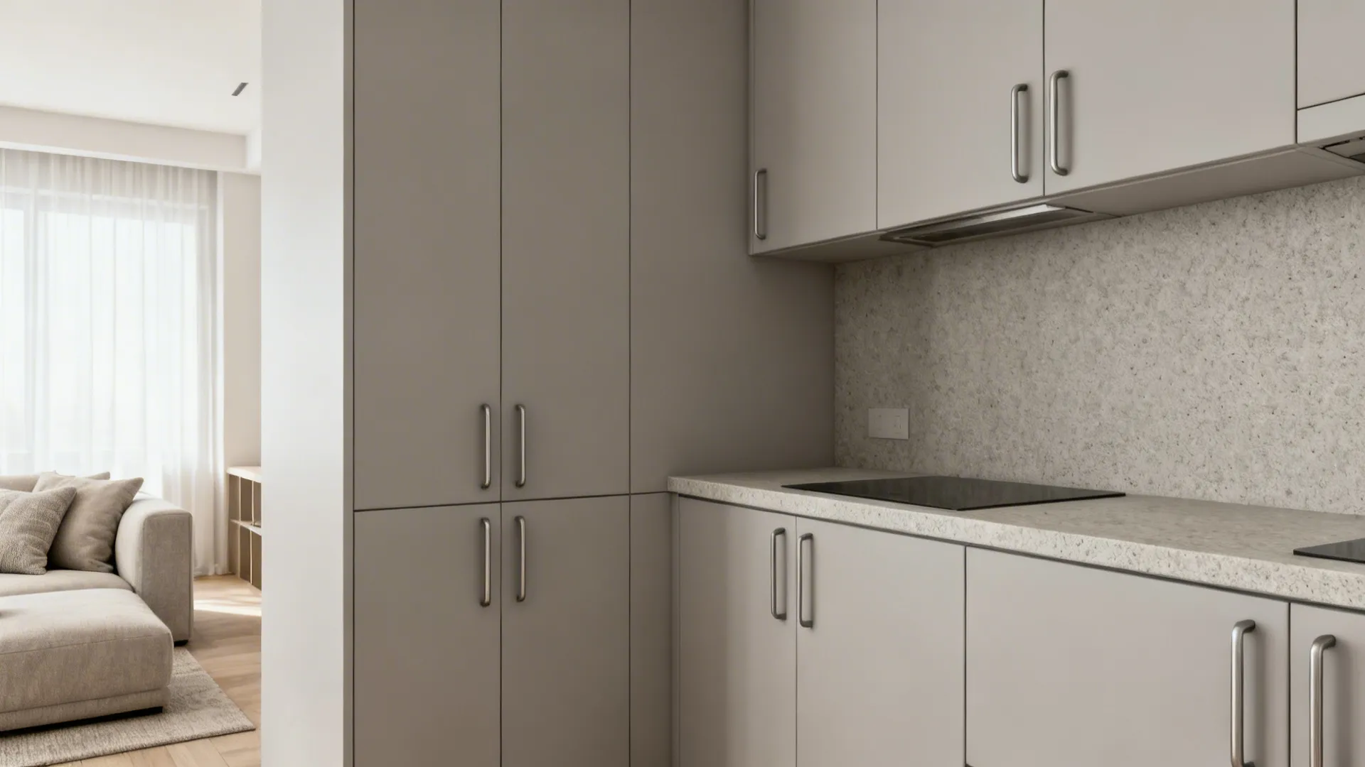 Idea 5: Soft Grey with Textured Counters and Integrated Pulls