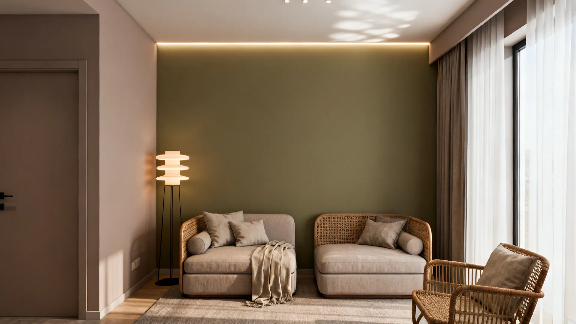 Cozy apartment living room with soft taupe and muted olive pairing, rattan and linen accents.