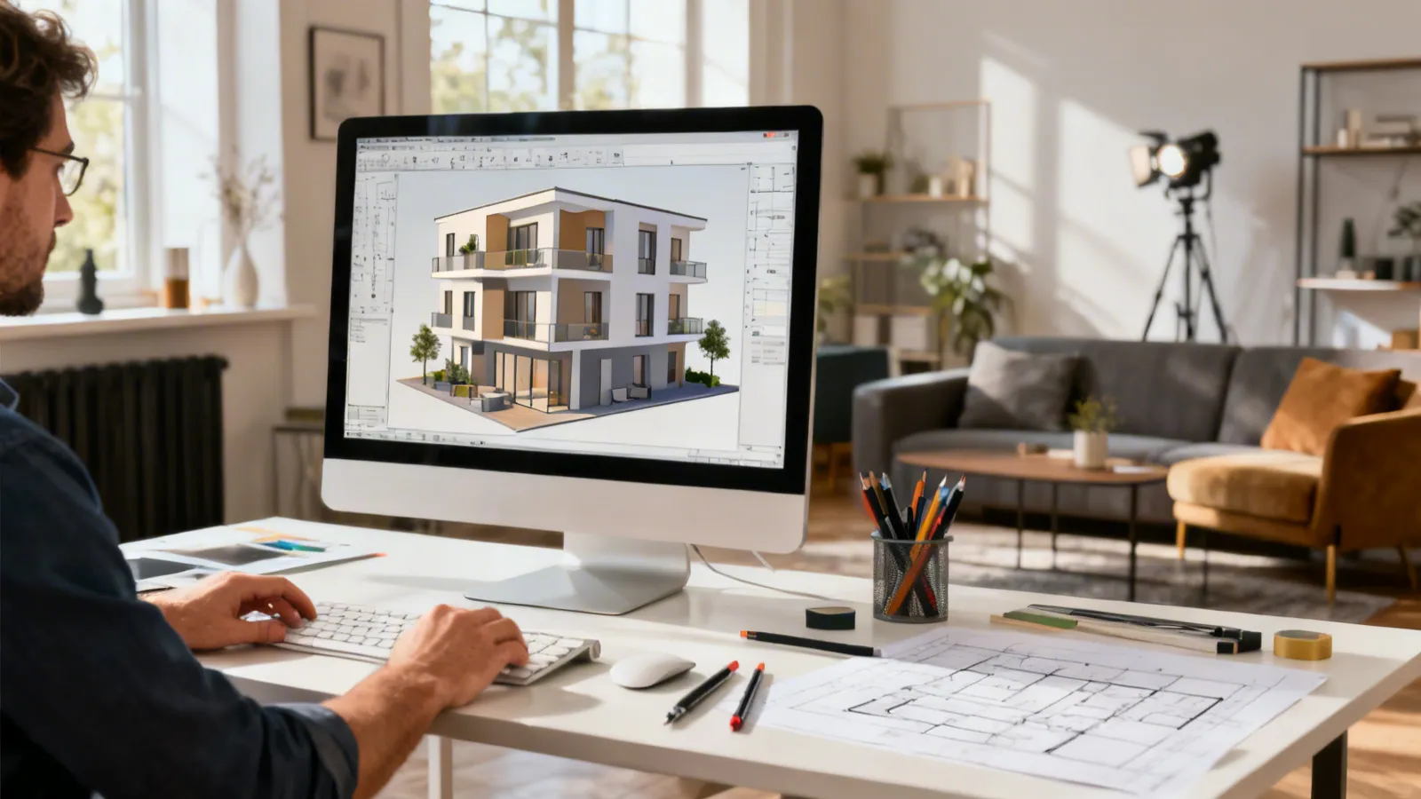 Diseñador trabajando en software 3D para crear un interior