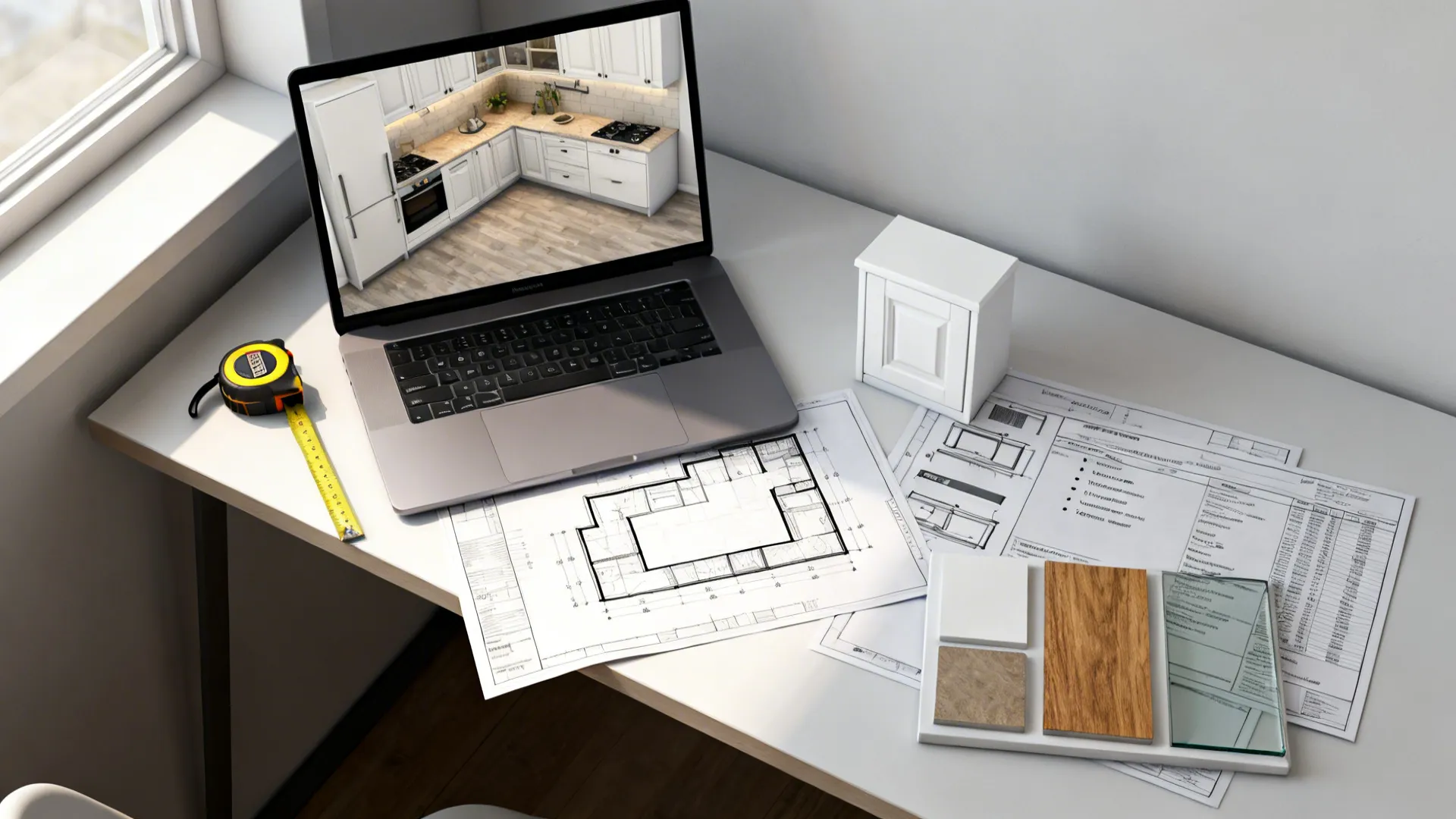 Top-down scene with a laptop 3D plan, printed dimensions, tape measure, and finish samples for kitchen planning.