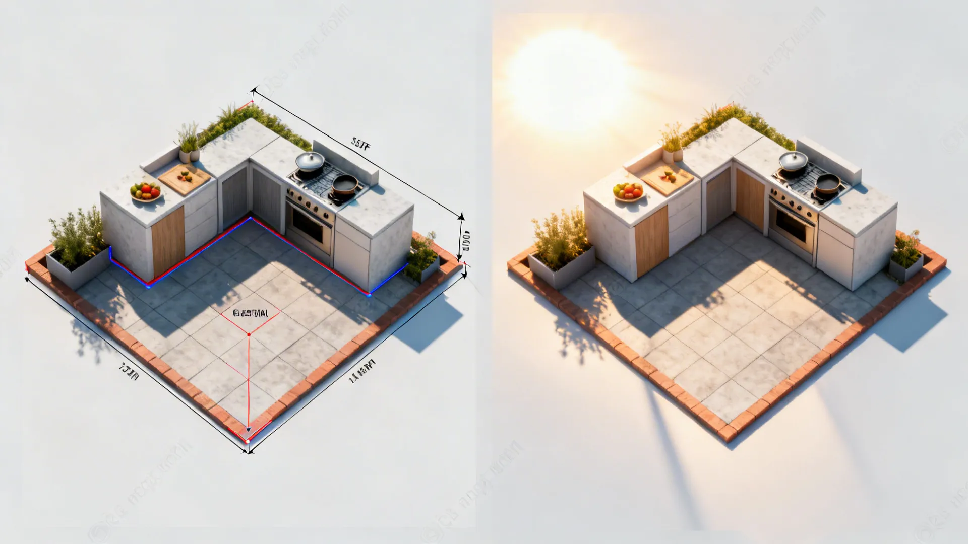 Top-down view showing two small outdoor kitchen model versions: clearance-focused and mood-focused.