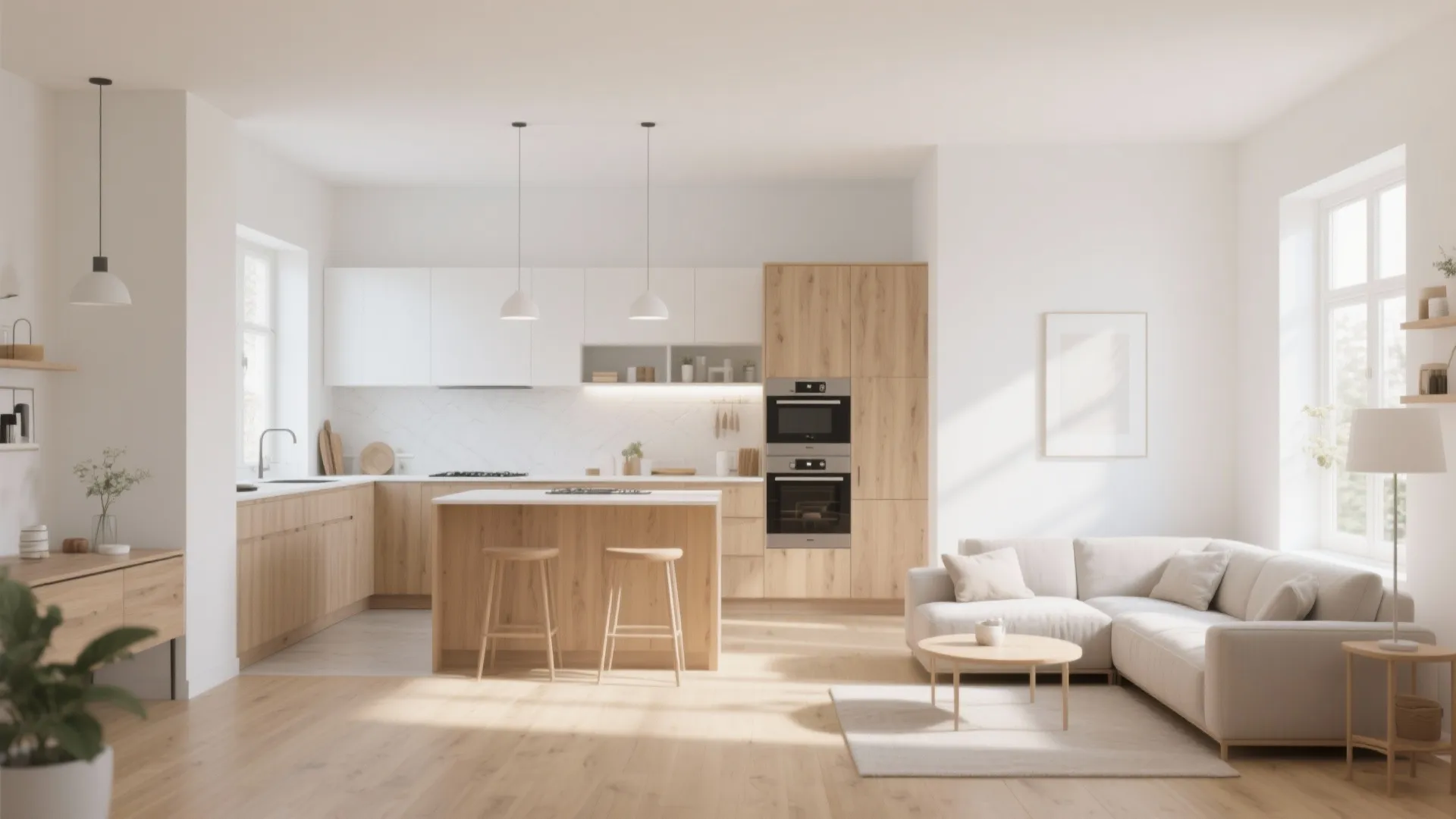 1. Soft White with Natural Wood Accents