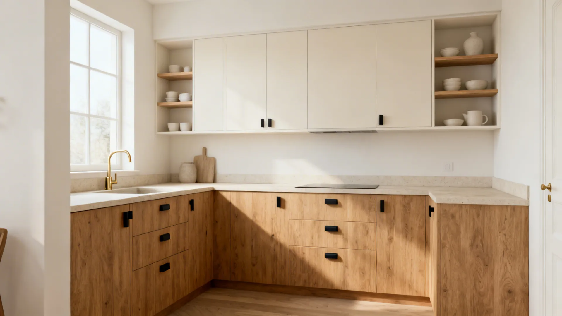 1) Soft White + Warm Wood (Scandi-Calm)