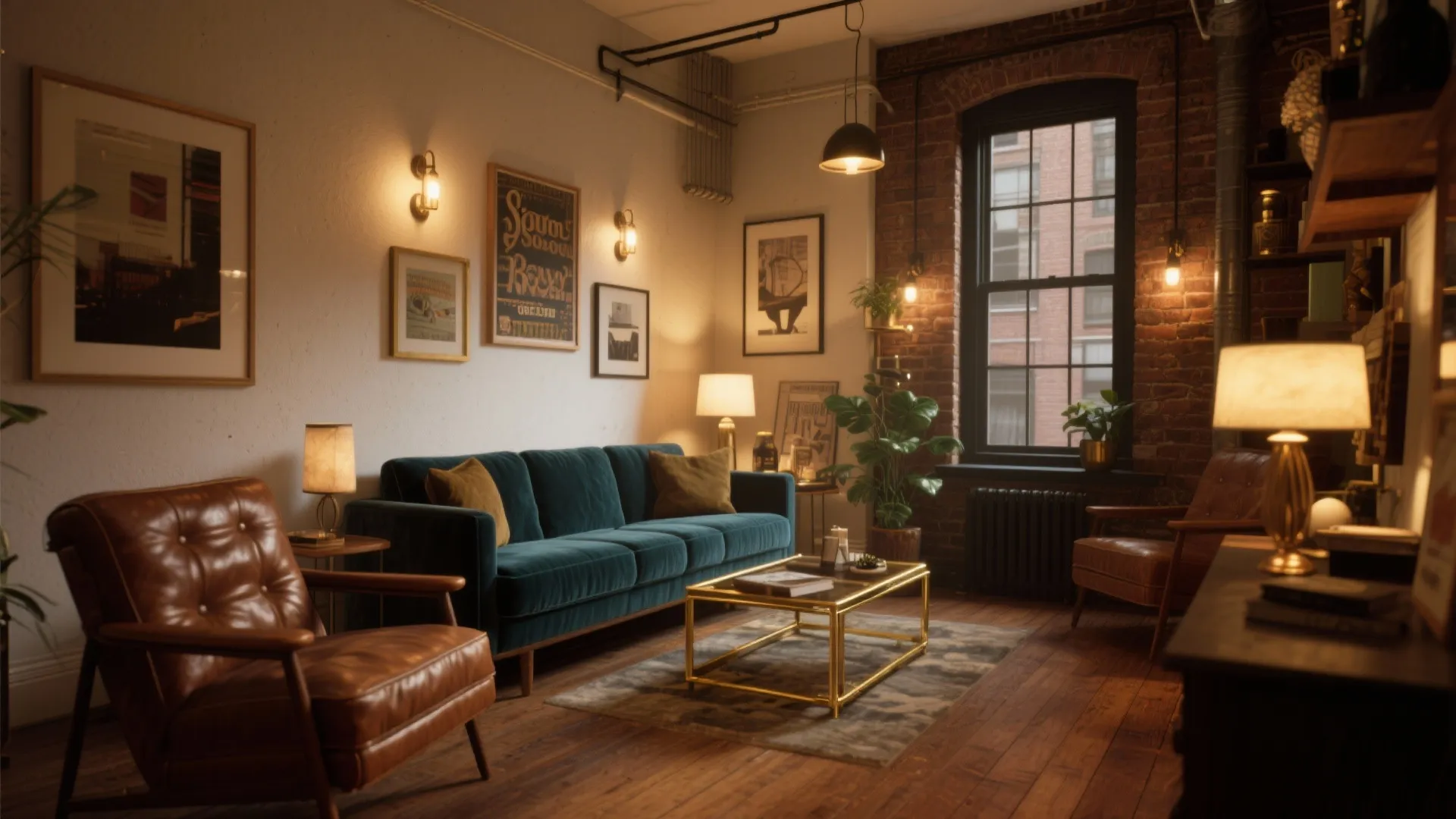 Industrial living room with brick wall, teal sofa, leather armchairs, gold coffee table and windows
