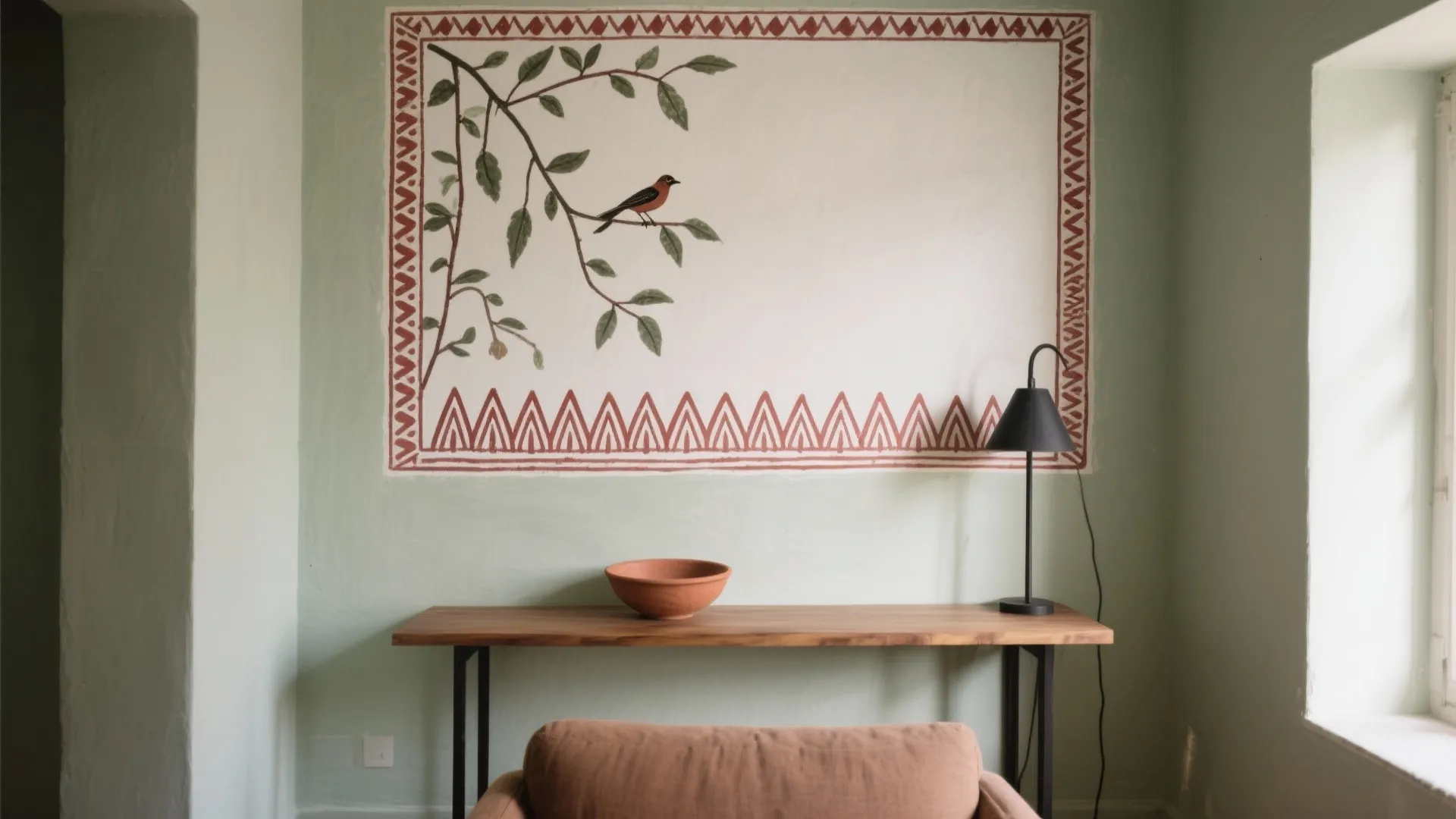 Wooden desk with bowl and black lamp against light green wall featuring a bird mural.