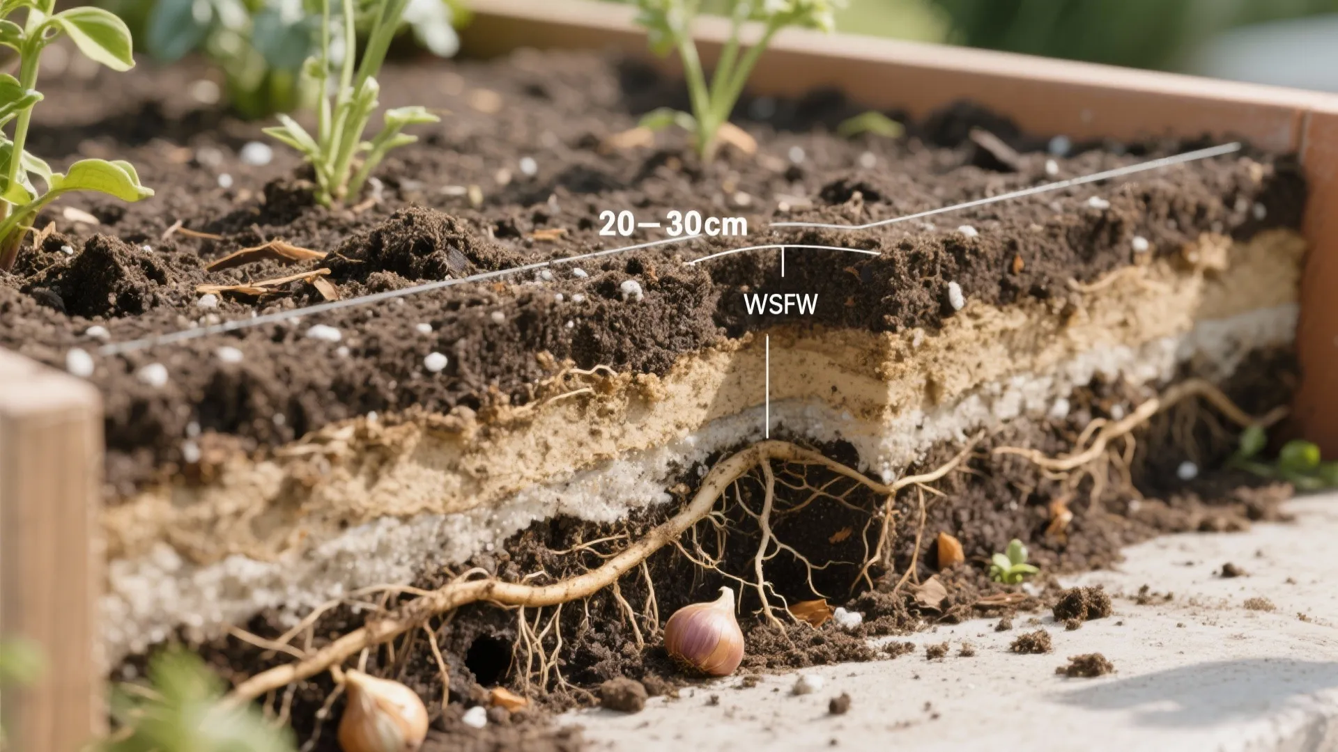 Cross section of garden soil showing depth measurement layers with plant roots and growing flower bulbs