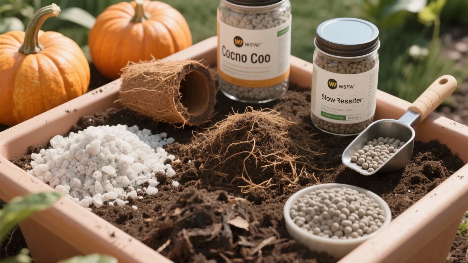 Planting tray with different types of soil and fertilizer jars next to two orange pumpkins
