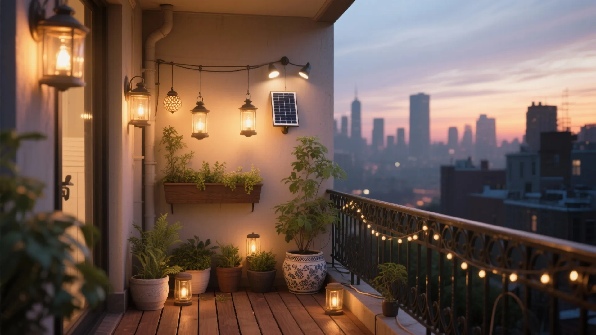 Cozy balcony at sunset with many solar lights lanterns and plants overlooking a city skyline