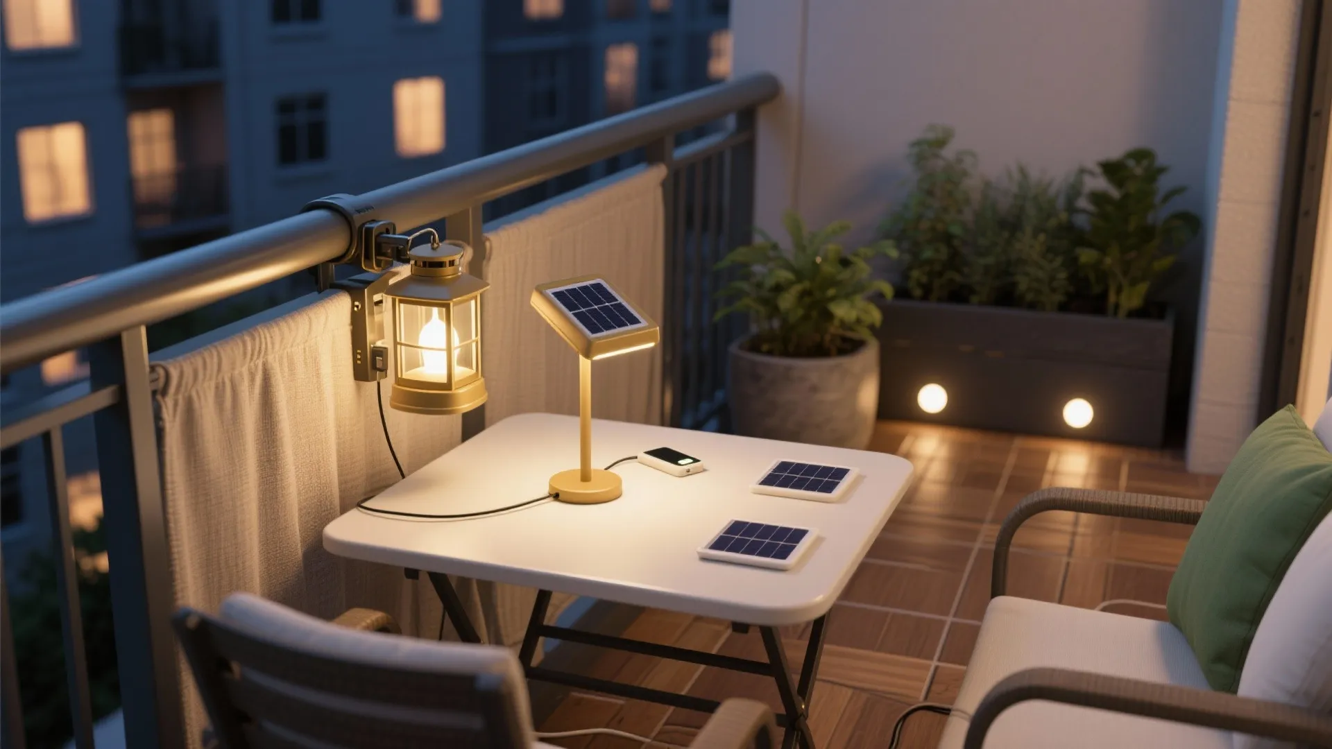 Balcony scene at night with solar light fixture on white table hanging light and plants