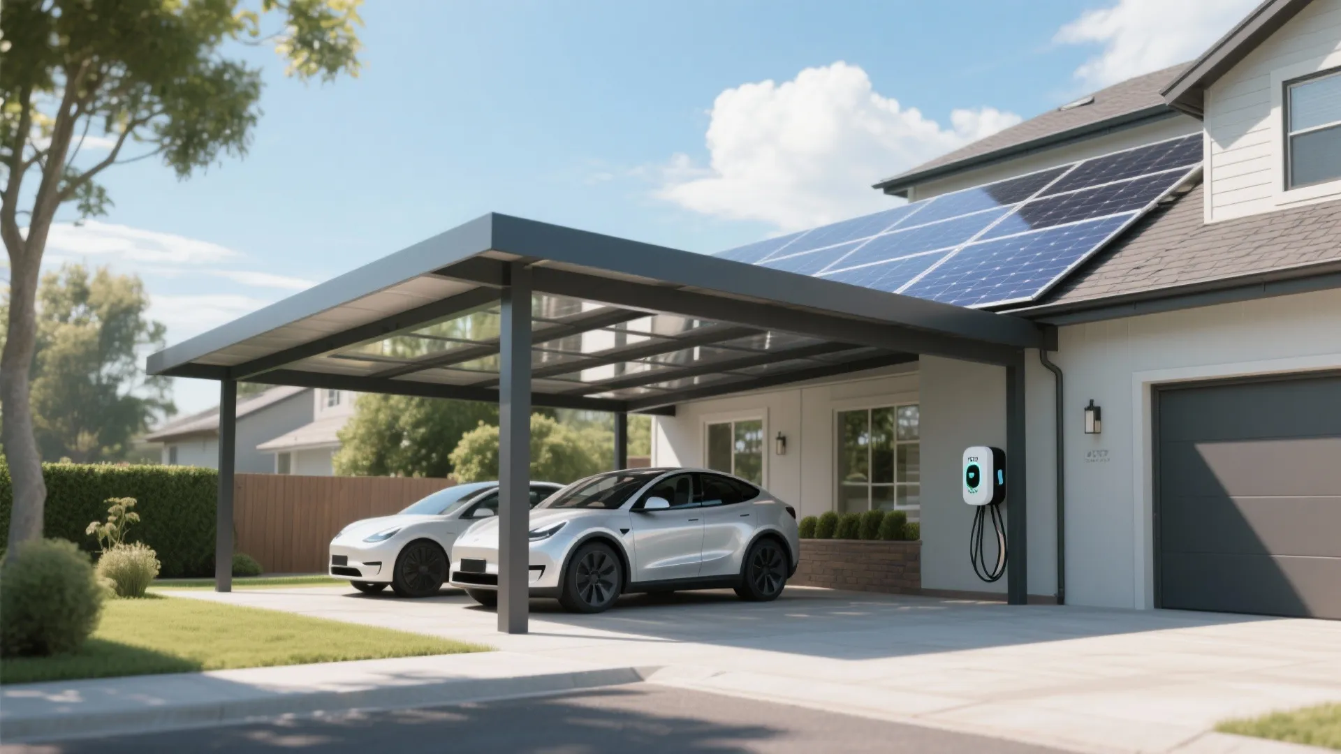 Solar panel roof carport with EV charging station
