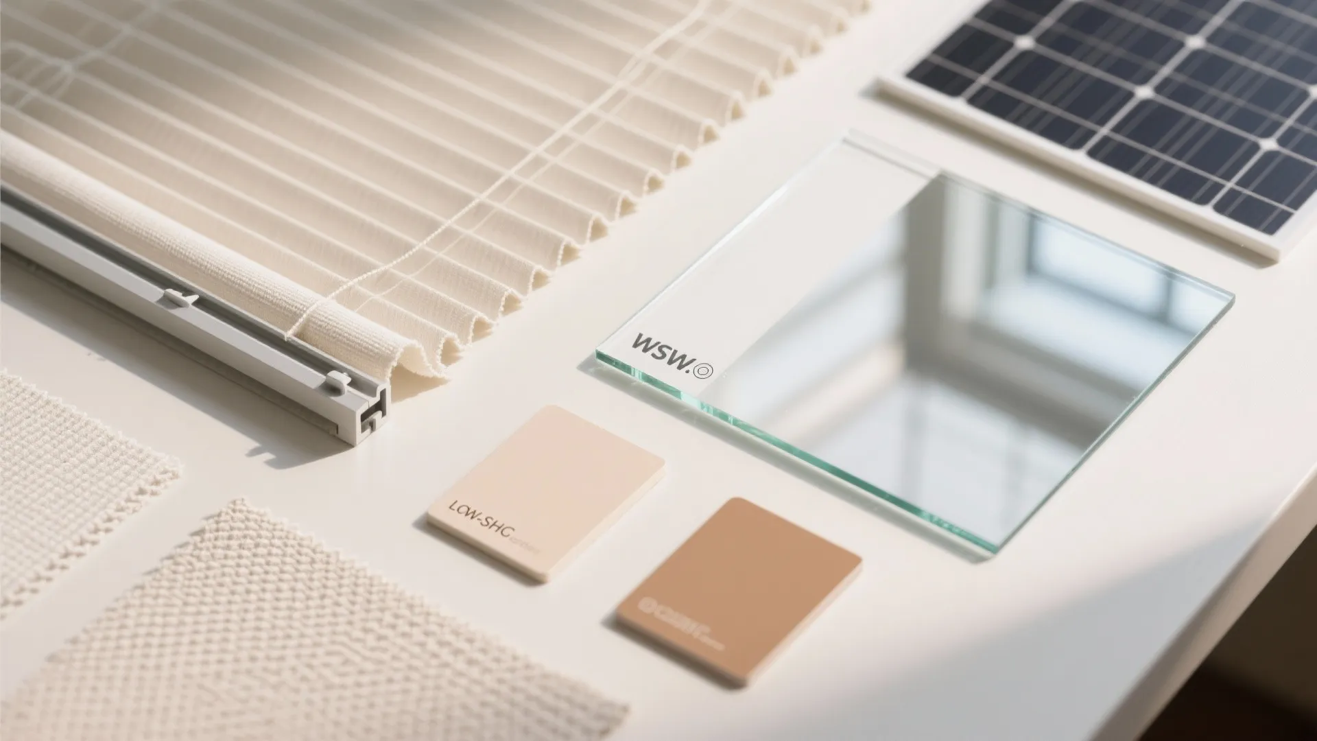 Collection of interior design materials including window blinds glass samples solar panels and colorful fabric swatches