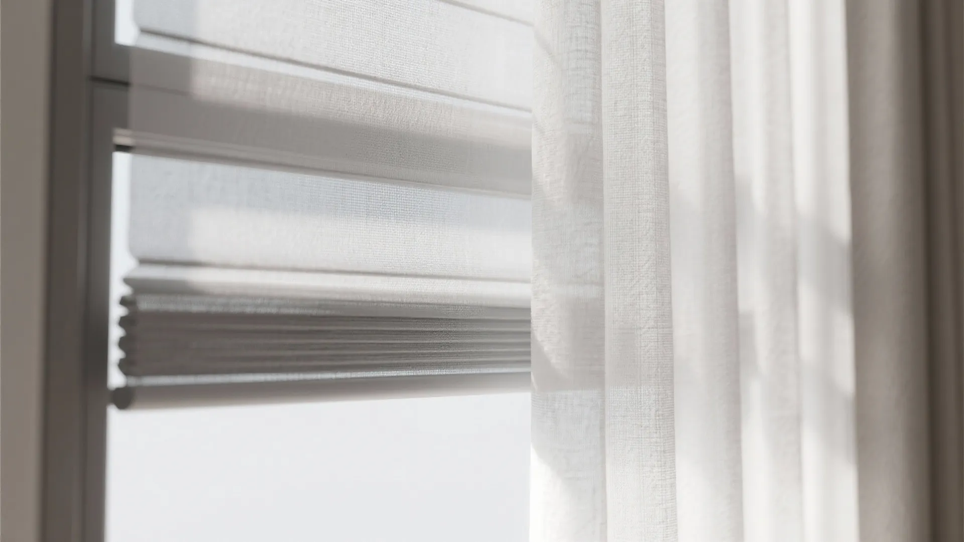 Translucent Solar Shades Behind Breezy Drapes