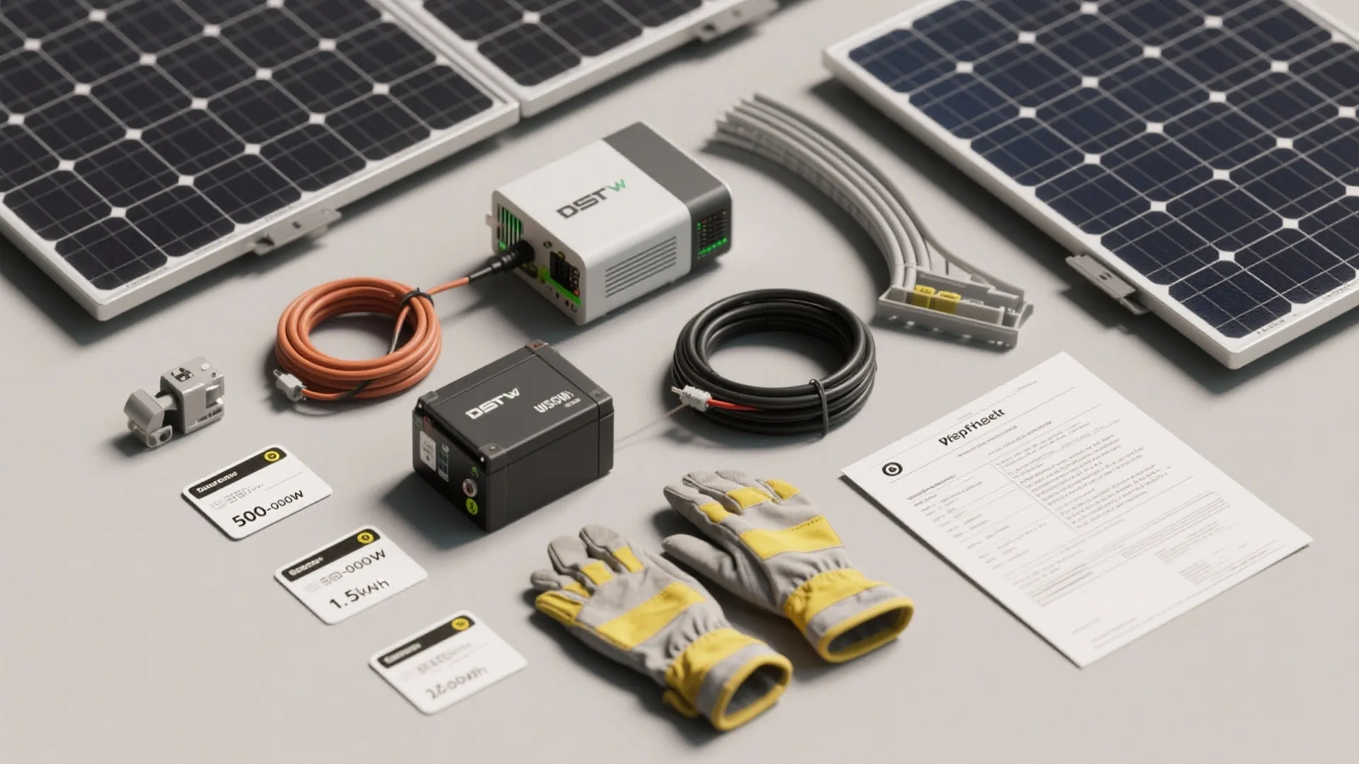 Flatlay of DIY solar components, safety gear and a permit checklist for small-home installations.
