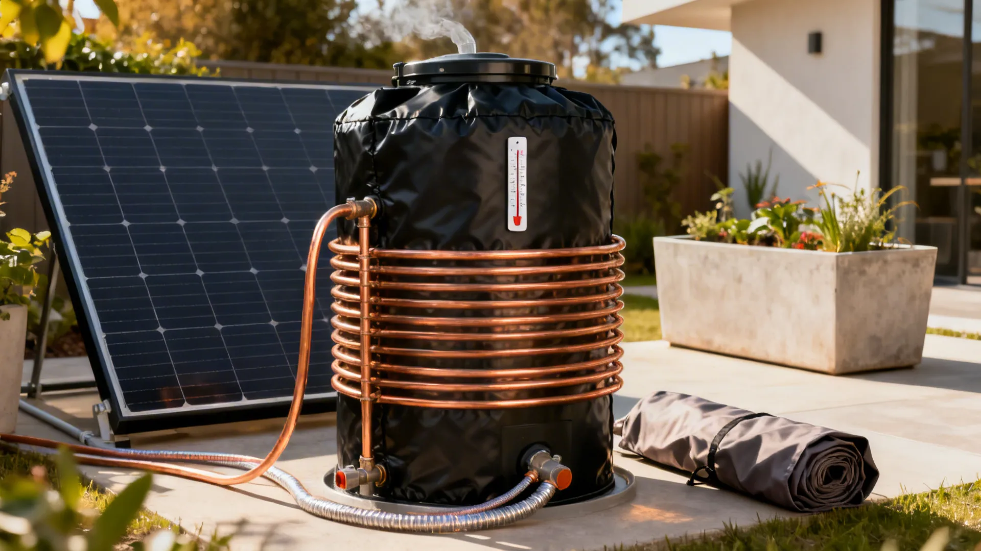 Biodigester with a black solar jacket and copper greywater coil, thermometer on the outer surface.