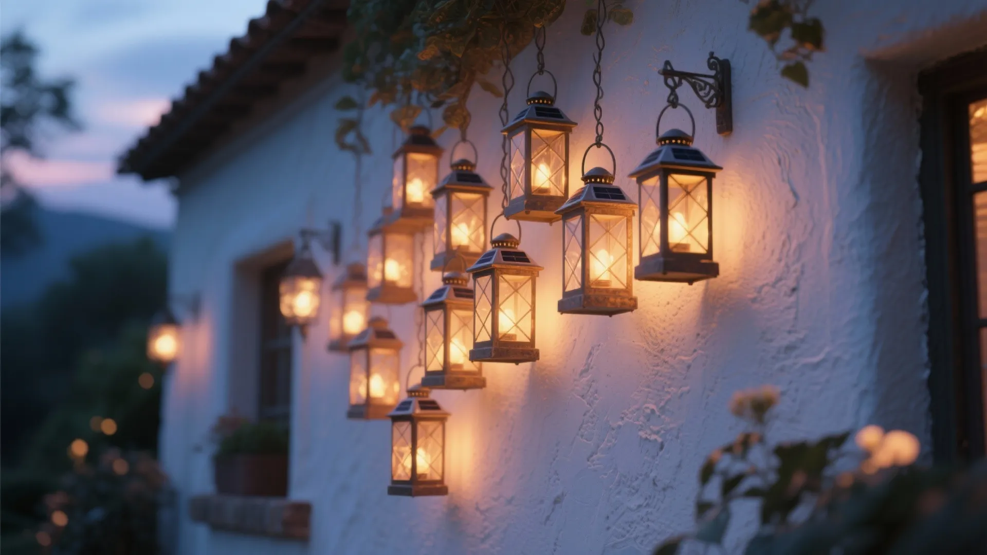 Row of glowing solar lanterns hanging on a white exterior house wall during the evening