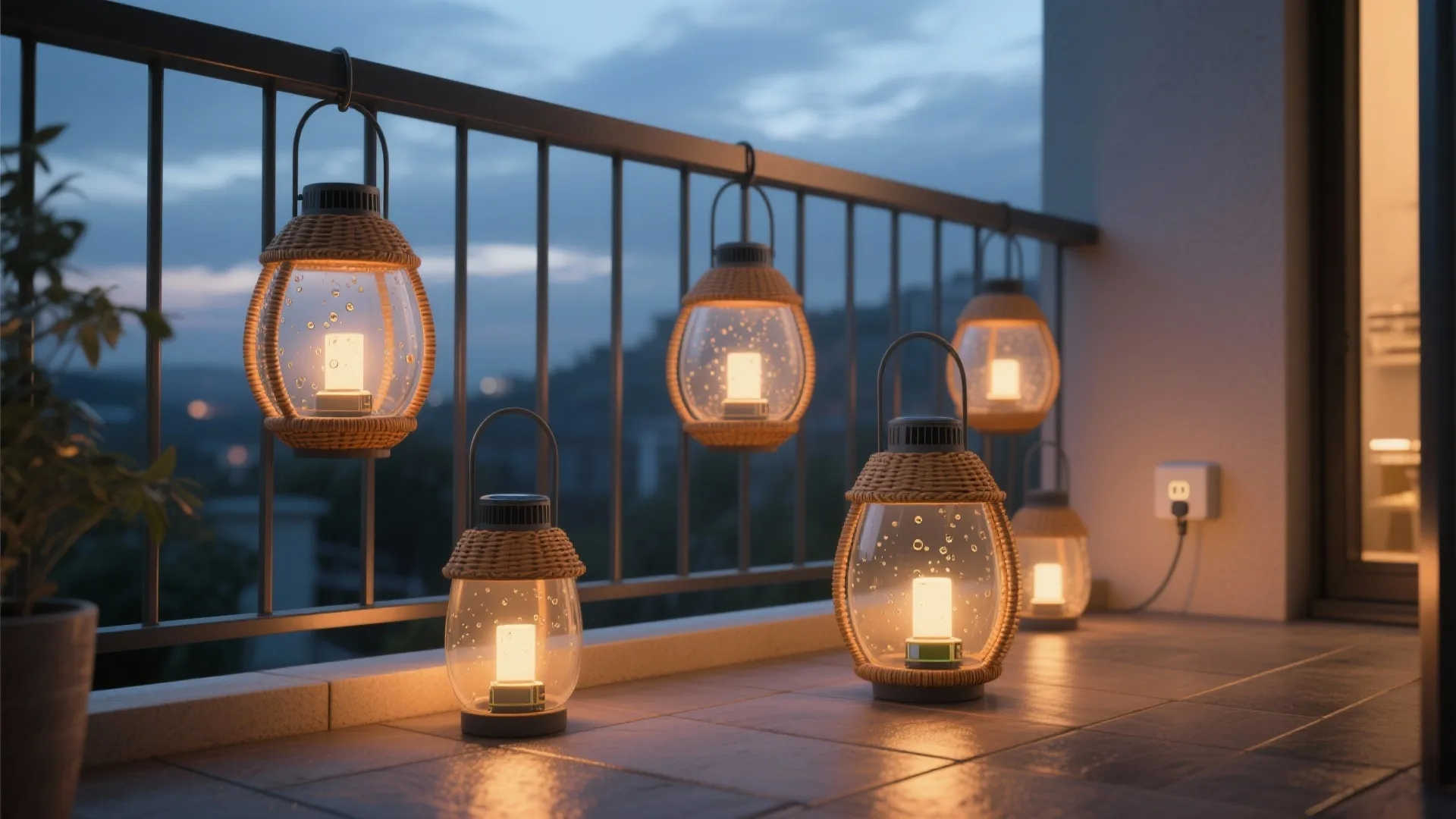 Six glowing lanterns hanging on a balcony railing at sunset with soft warm yellow light