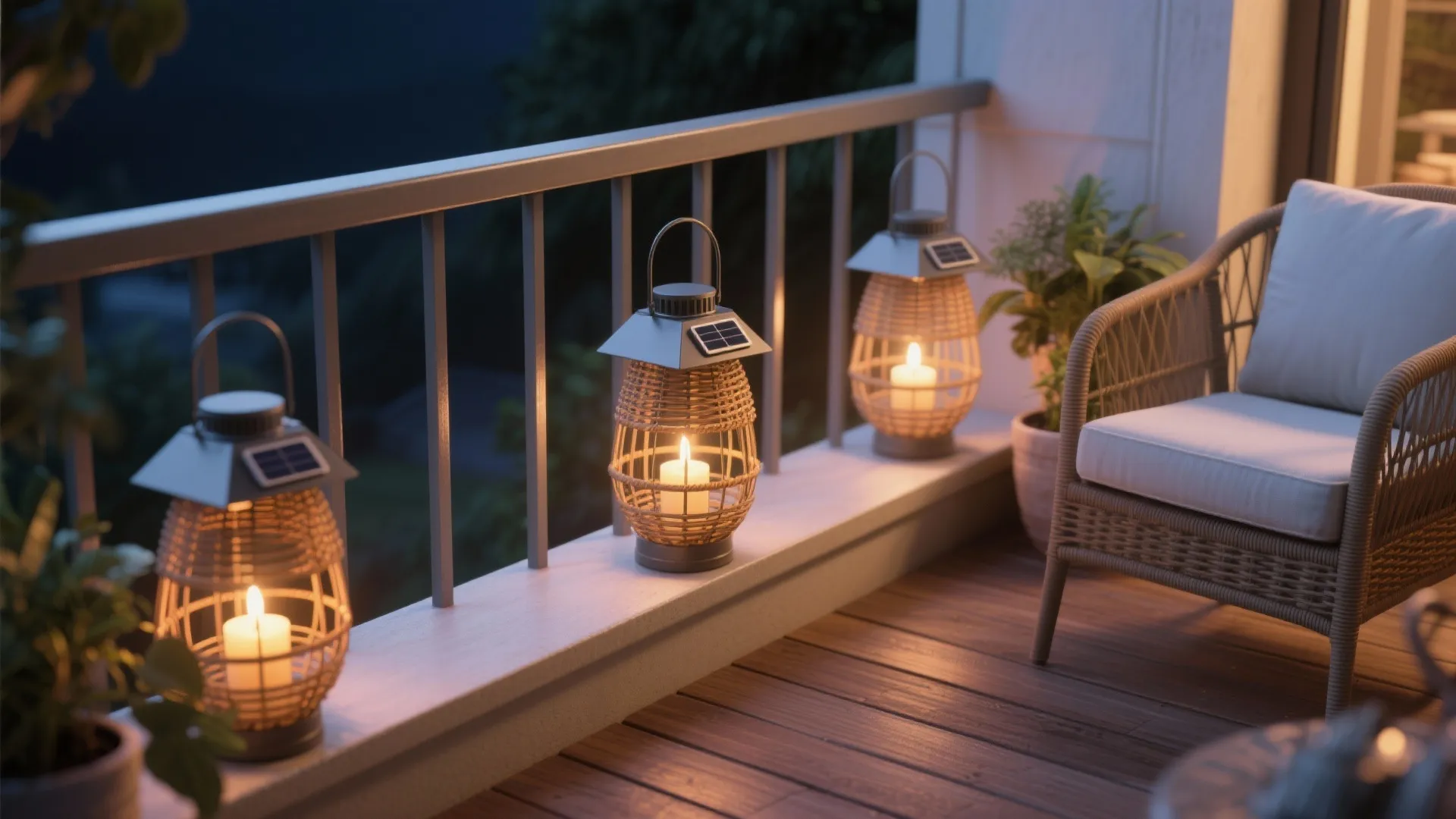 Three warm solar lanterns sitting on balcony railing next to comfortable outdoor chair at night