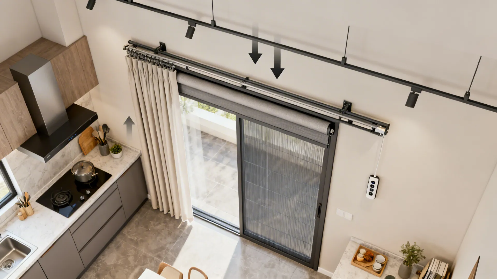 Top-down view showing solar screen behind a ceiling-mounted drape track at a sliding door.