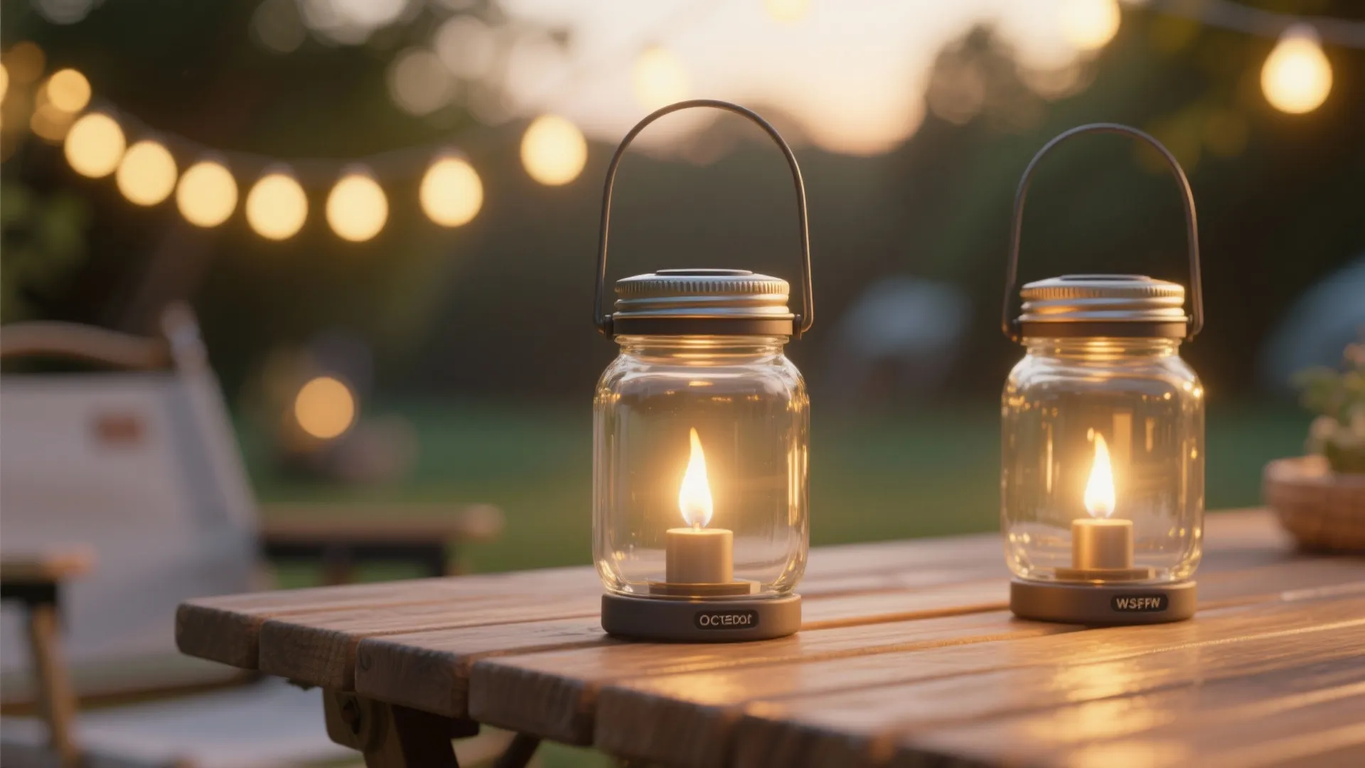 Solar mason jar lanterns glowing warmly on a small outdoor table at dusk.