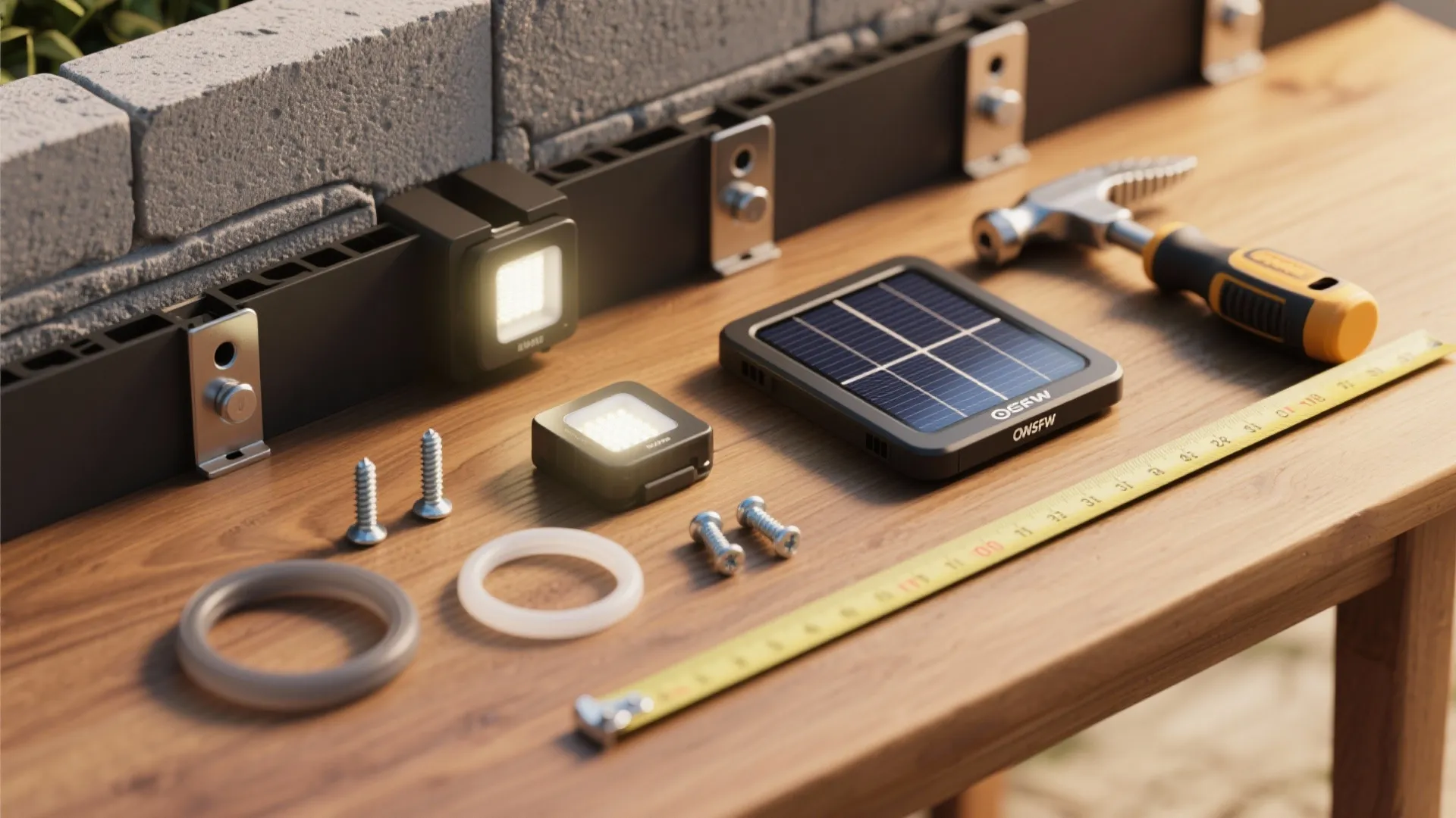 Flatlay of solar LED modules and installation hardware for retaining wall lighting