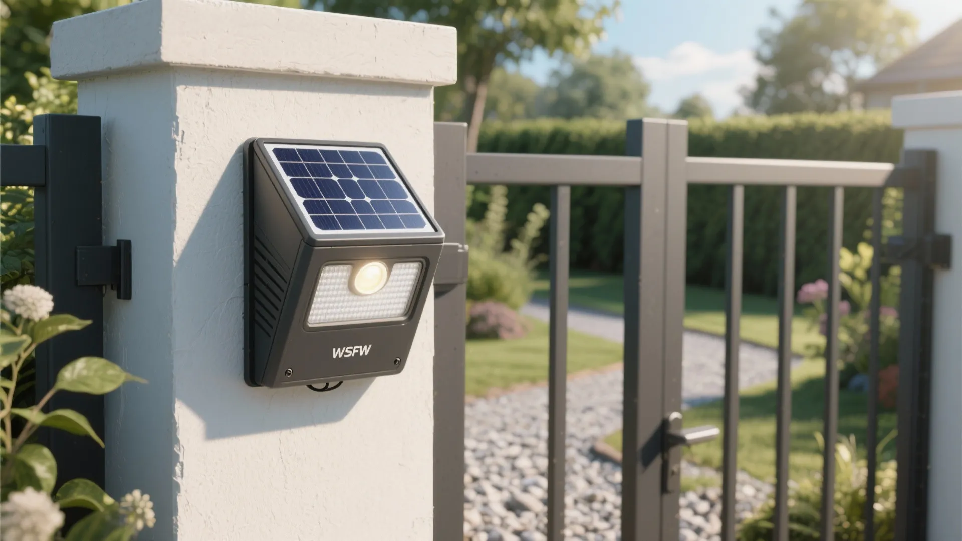 Black solar motion sensor light mounted on a white fence post near a garden gate