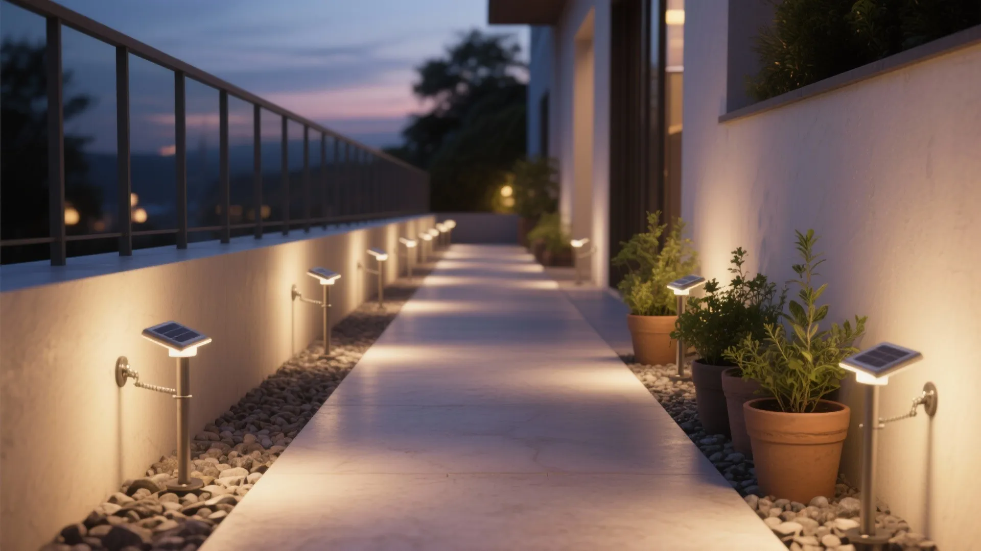 Modern outdoor walkway with solar lights along the wall and potted plants under sunset sky