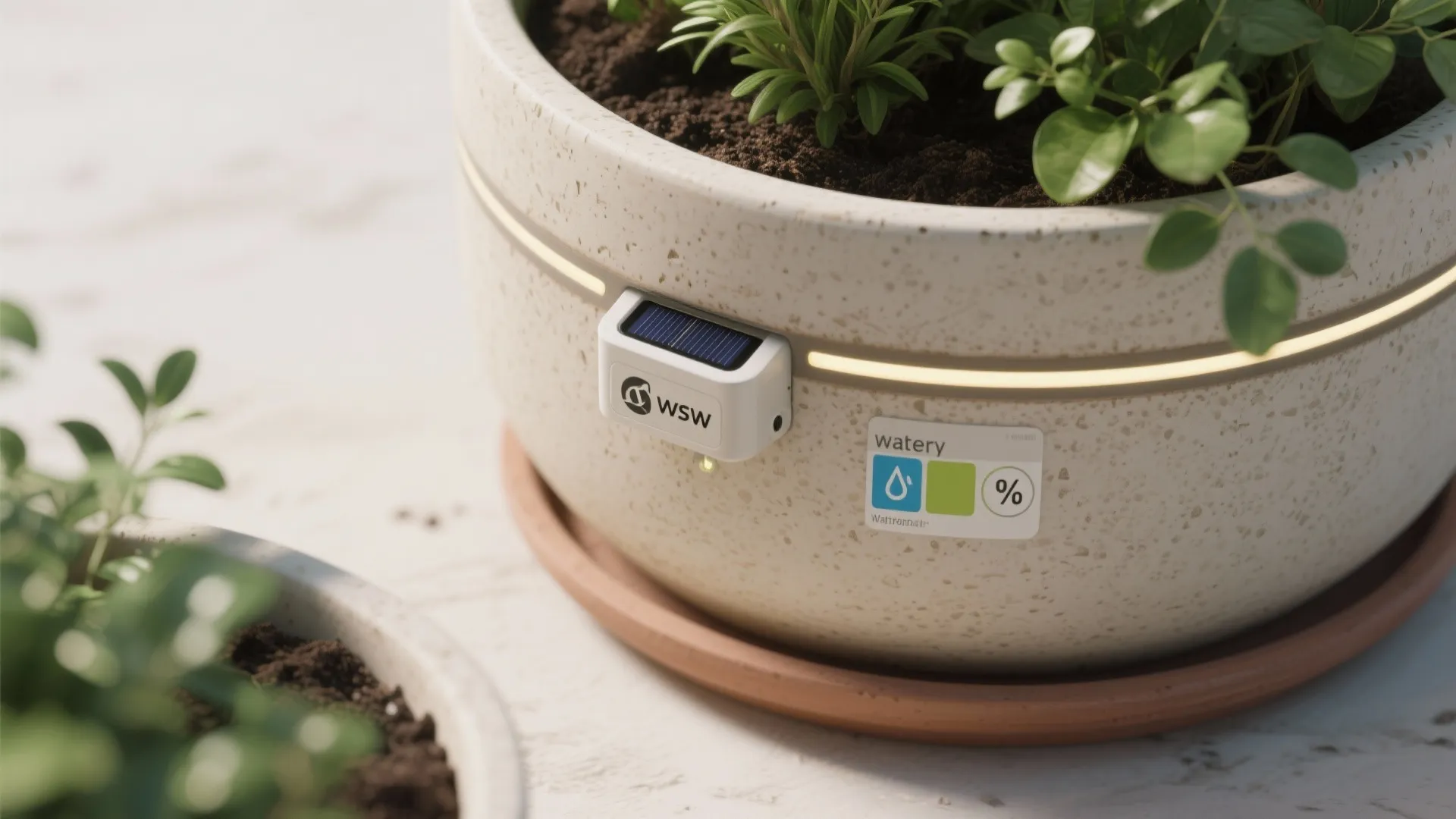 Smart plant pot with solar sensor showing water level and moisture percentage for indoor plants