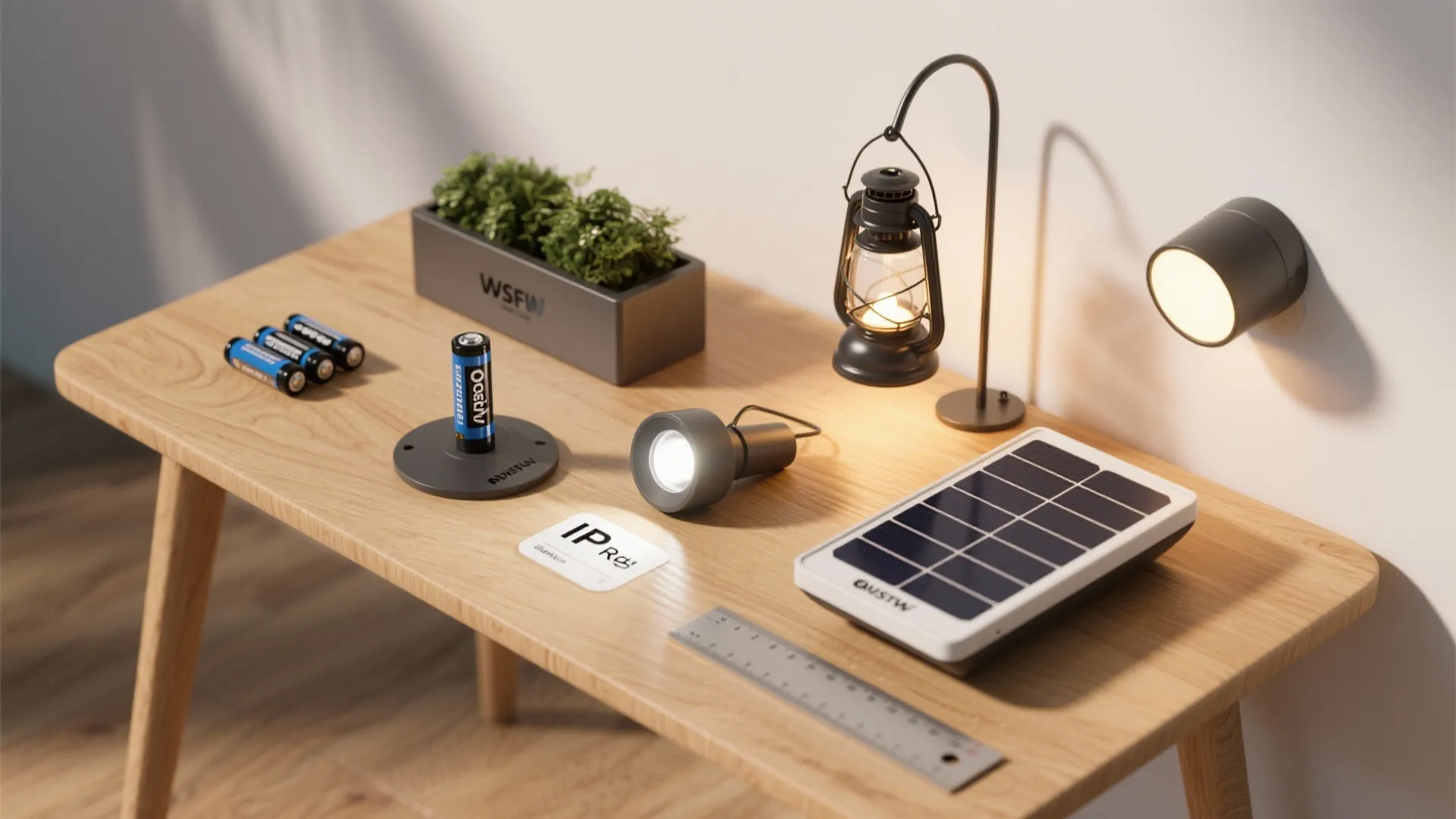 Wooden desk with solar panel, batteries, small lantern, light fixtures, and a green potted plant