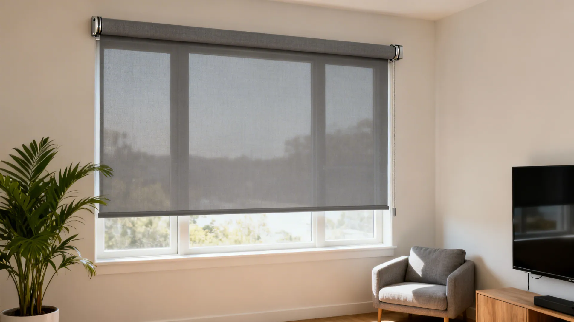 Low-profile solar roller shade in warm gray reduces glare while keeping views.