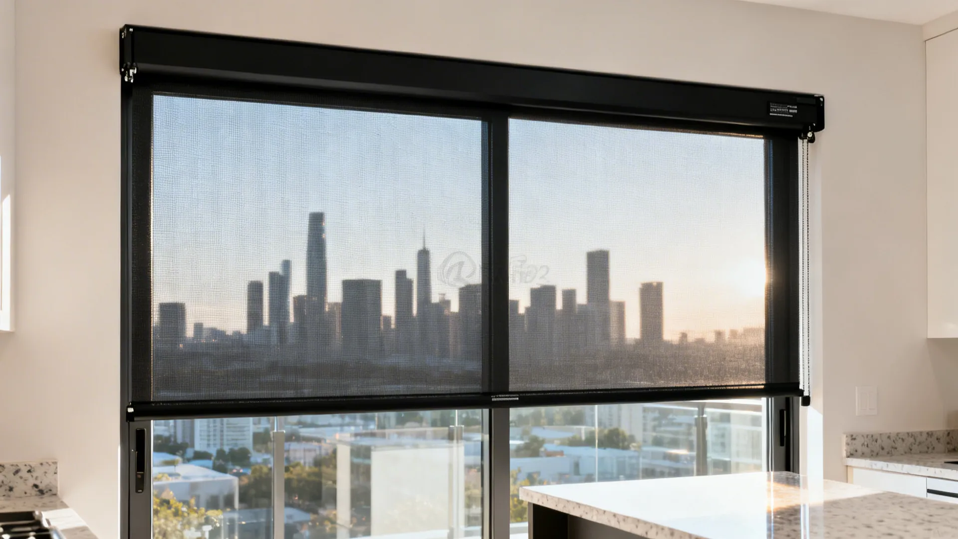 Solar roller shade on a sliding kitchen door softens harsh sun while preserving views.
