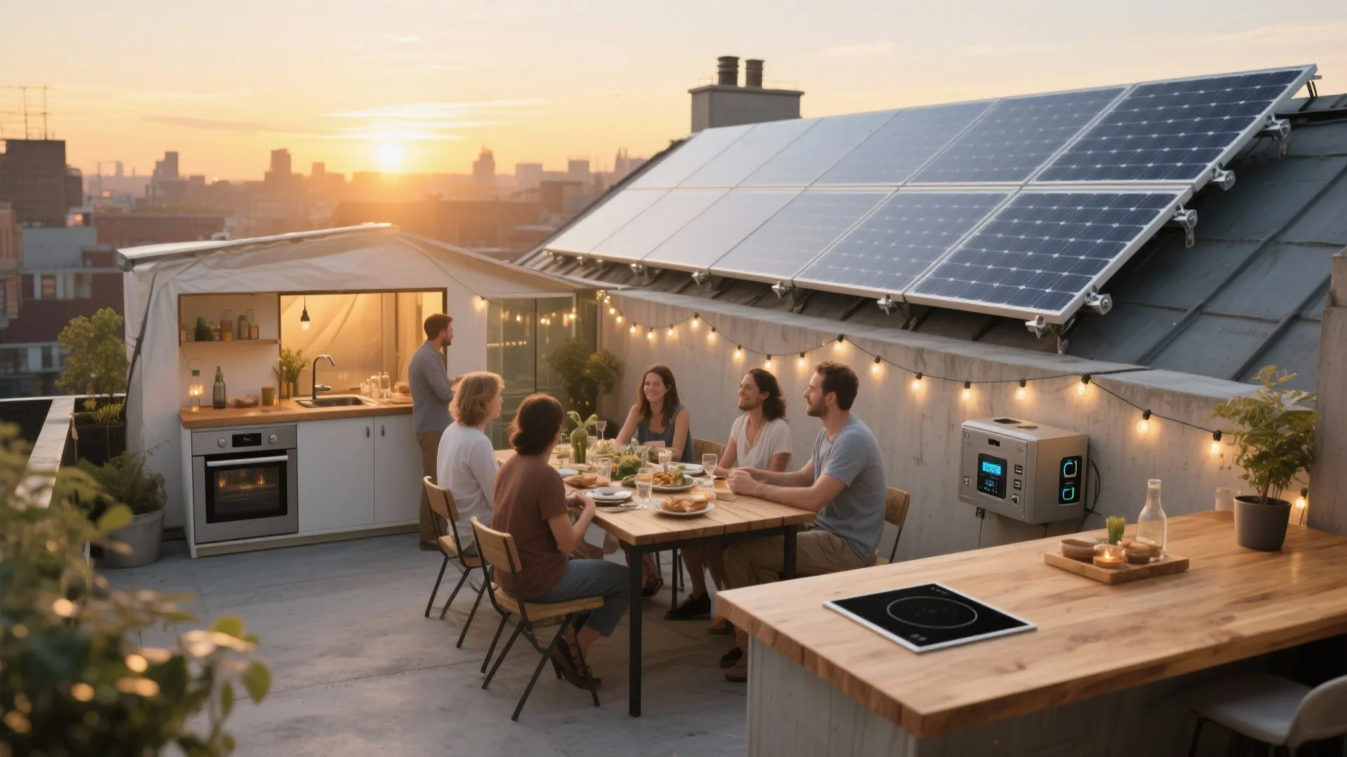 People eating on a rooftop terrace featuring solar panels outdoor kitchen and city sunset views