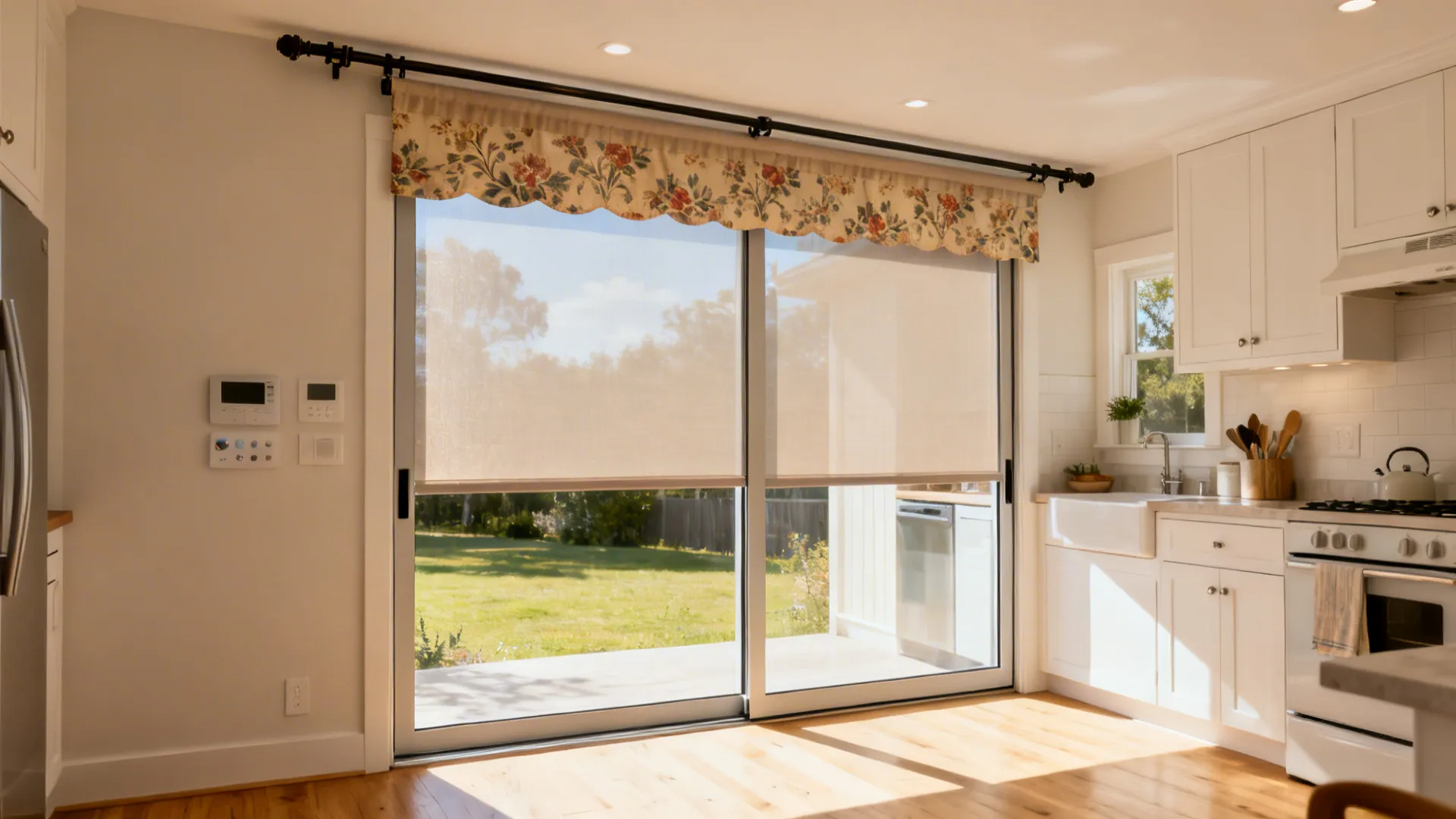 Small kitchen with a solar screen roller and decorative drape on sliding doors.