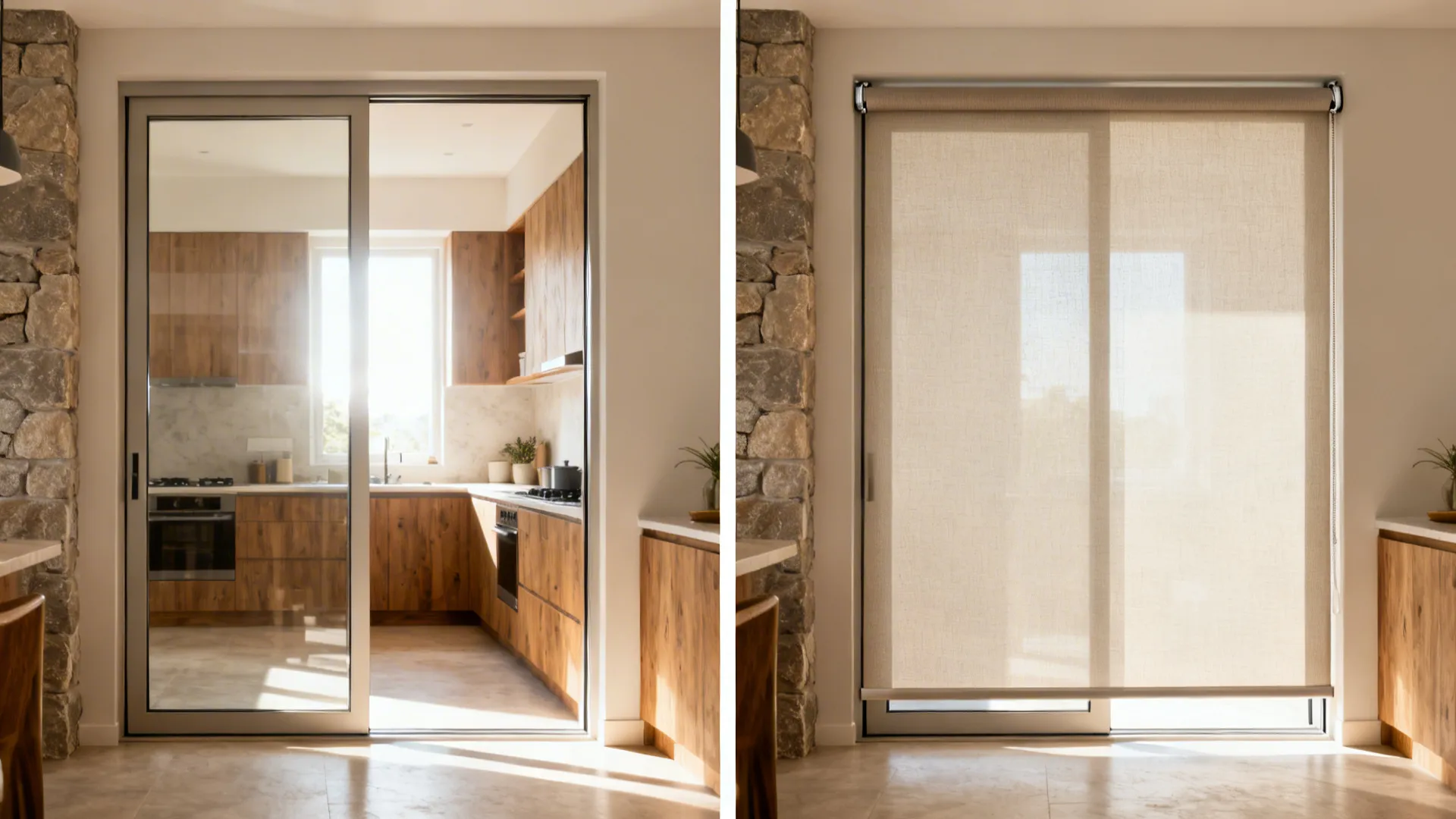 Before-after of a kitchen slider showing glare without treatments and soft light with solar shade and panels.