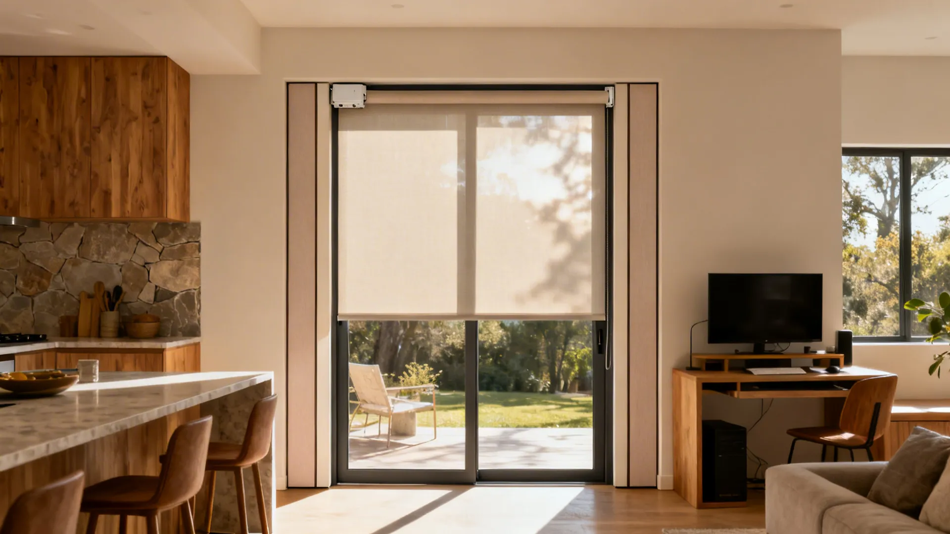Open-plan kitchen with 3% solar roller shade and slim side panels on sliding doors.
