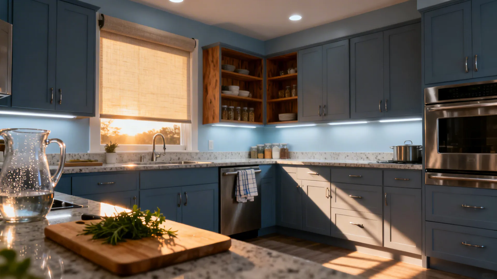 Blue kitchen cabinets with light fixture white countertop and sunlight coming through a window blind