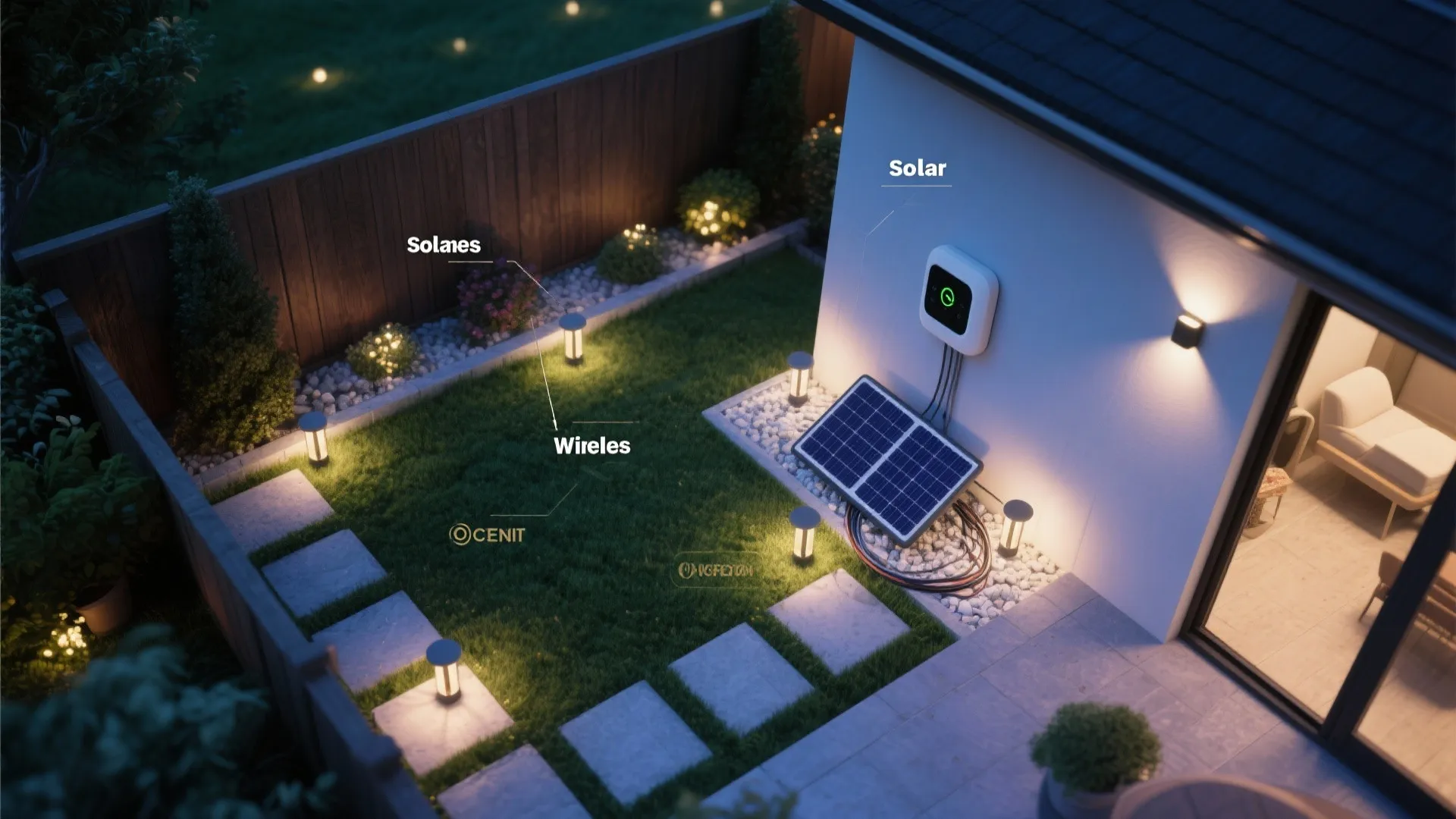 Small backyard garden with solar panel on wall powering multiple outdoor floor lights at night